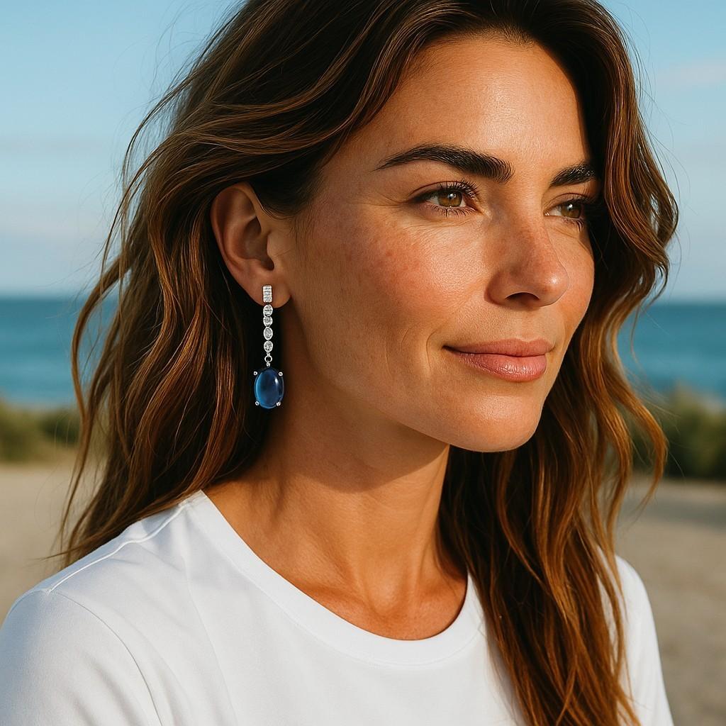 14K Gold Matched Ceylon Cabochon Sapphire Diamond Lariat 1.25 Inch Earrings In New Condition For Sale In New York, NY