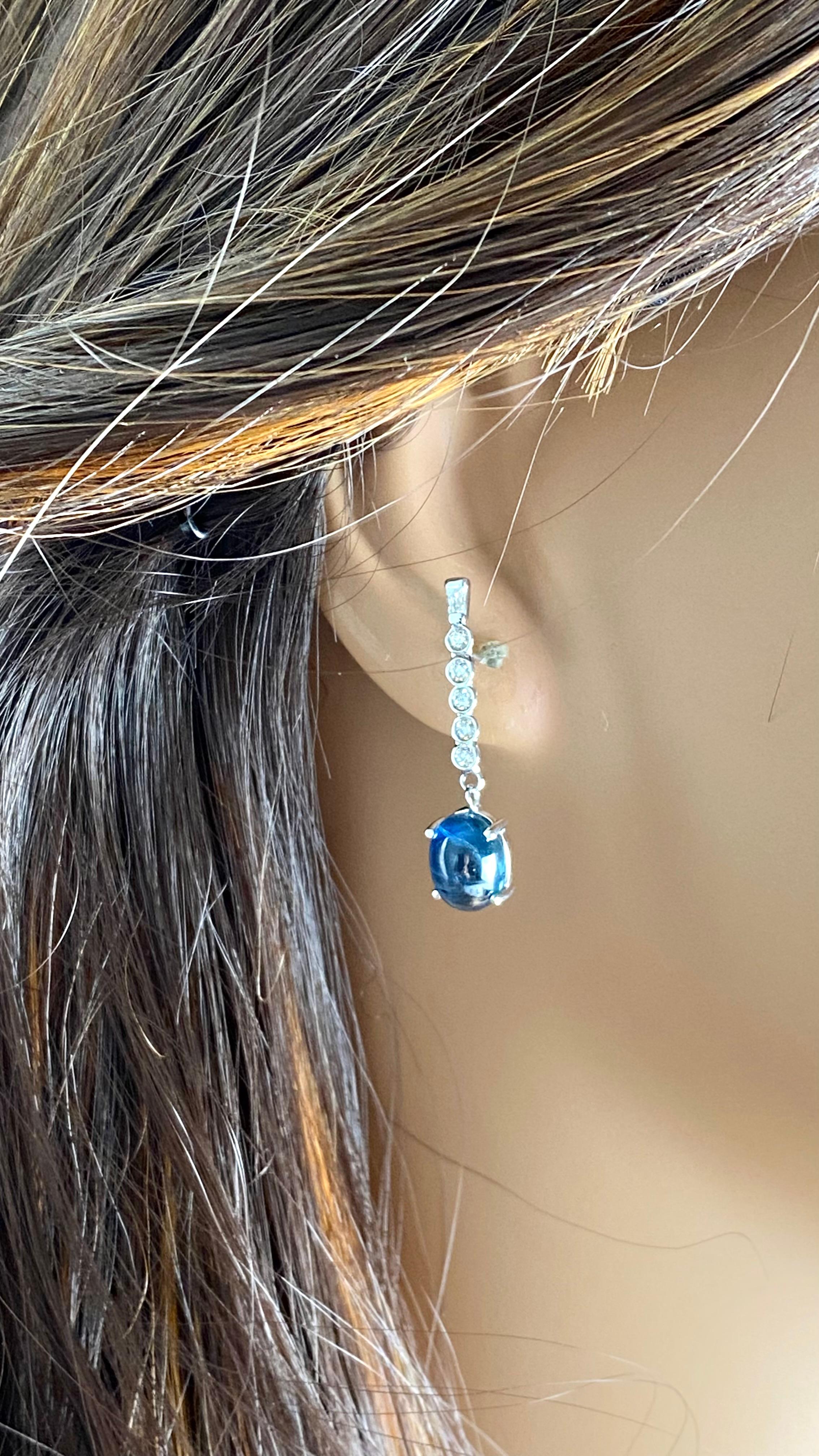 14K Gold Matched Ceylon Cabochon Sapphire Diamond Lariat 1.25 Inch Earrings For Sale 1