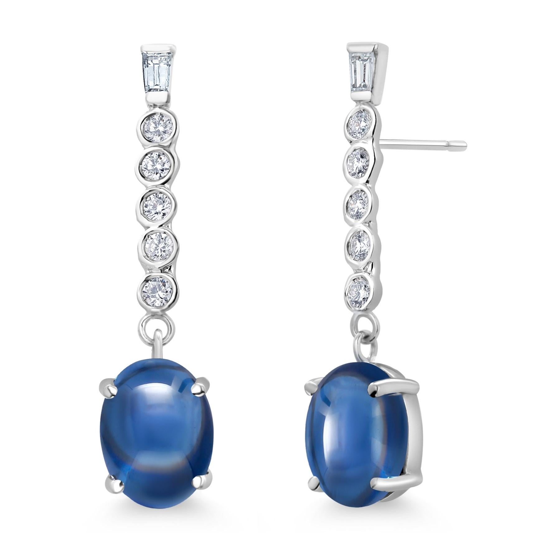 14K Gold Matched Ceylon Cabochon Sapphire Diamond Lariat 1.25 Inch Earrings For Sale 2