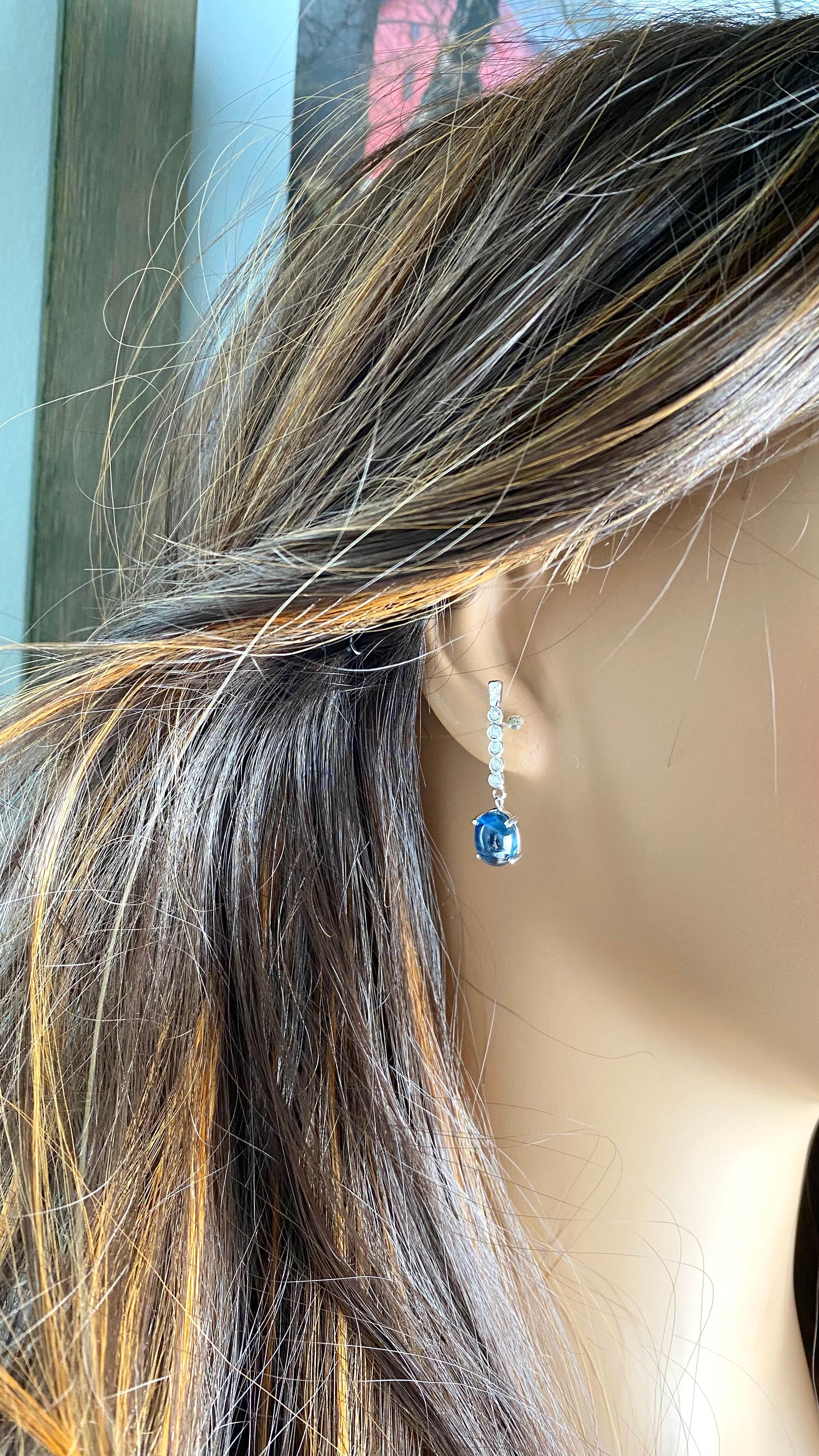 14K Gold Matched Ceylon Cabochon Sapphire Diamond Lariat 1.25 Inch Earrings For Sale 3