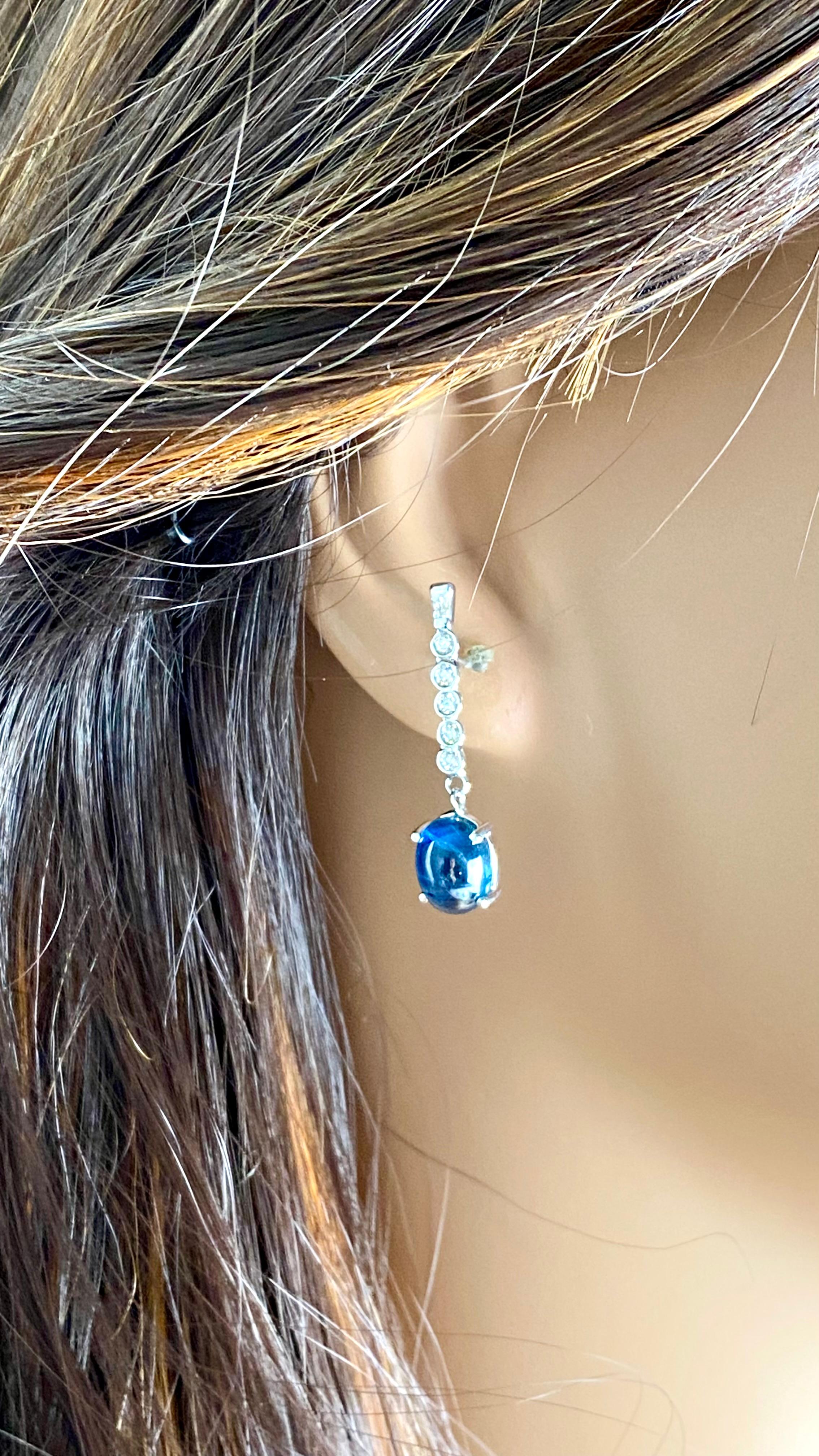 14K Gold Matched Ceylon Cabochon Sapphire Diamond Lariat 1.25 Inch Earrings For Sale 4