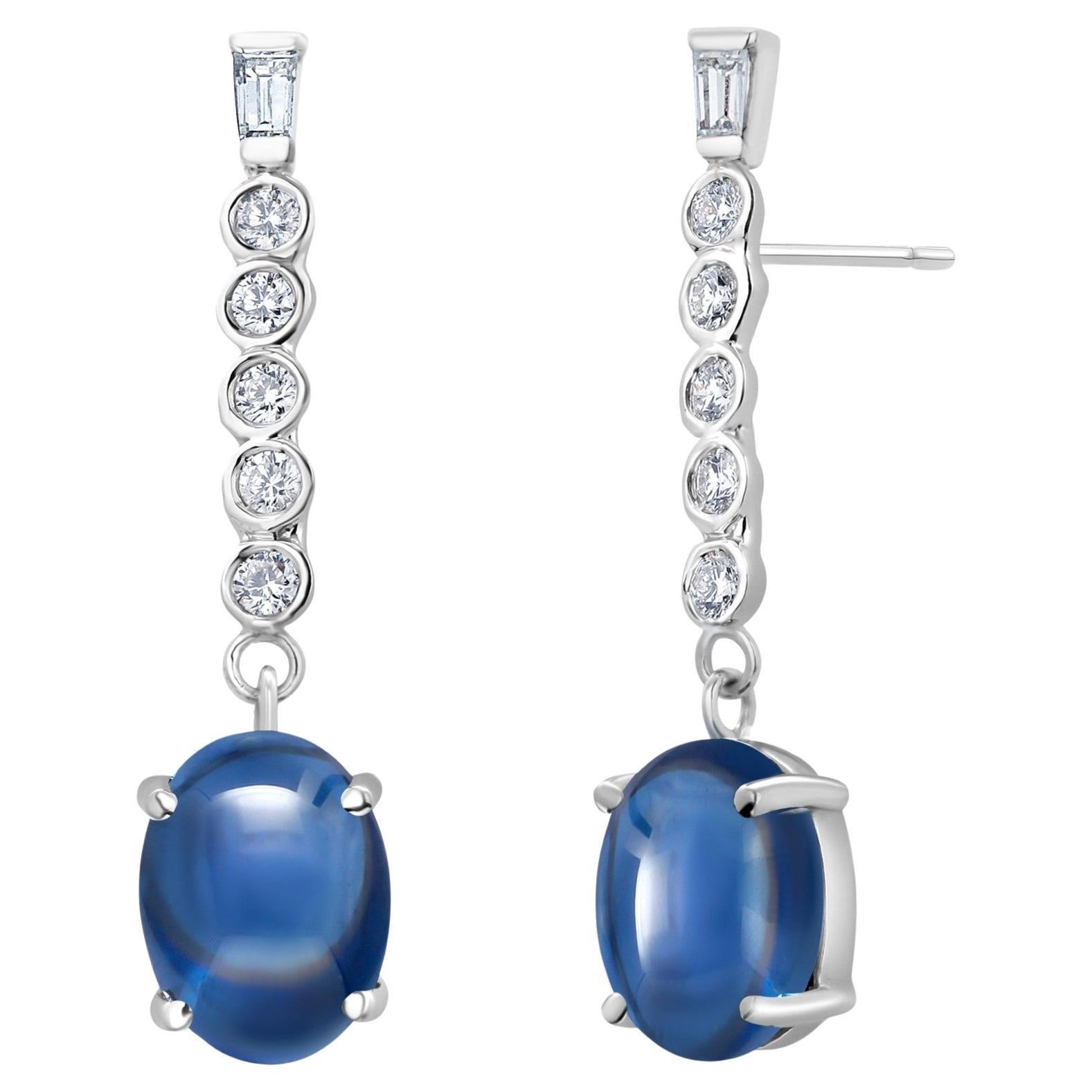 14K Gold Matched Ceylon Cabochon Sapphire Diamond Lariat 1.25 Inch Earrings
