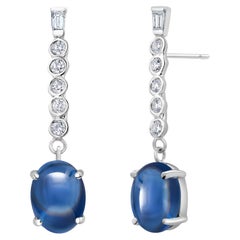 14K Gold Matched Ceylon Cabochon Sapphire Diamond Lariat 1.25 Inch Earrings
