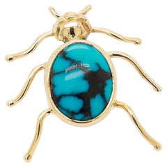 14K Gold & Matrix Turquoise Cabochon Figural Bug or Beetle Pin