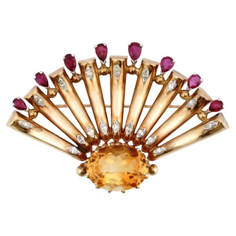 Mc Mossalone Broche en or 14 carats avec diamants, rubis et citrine