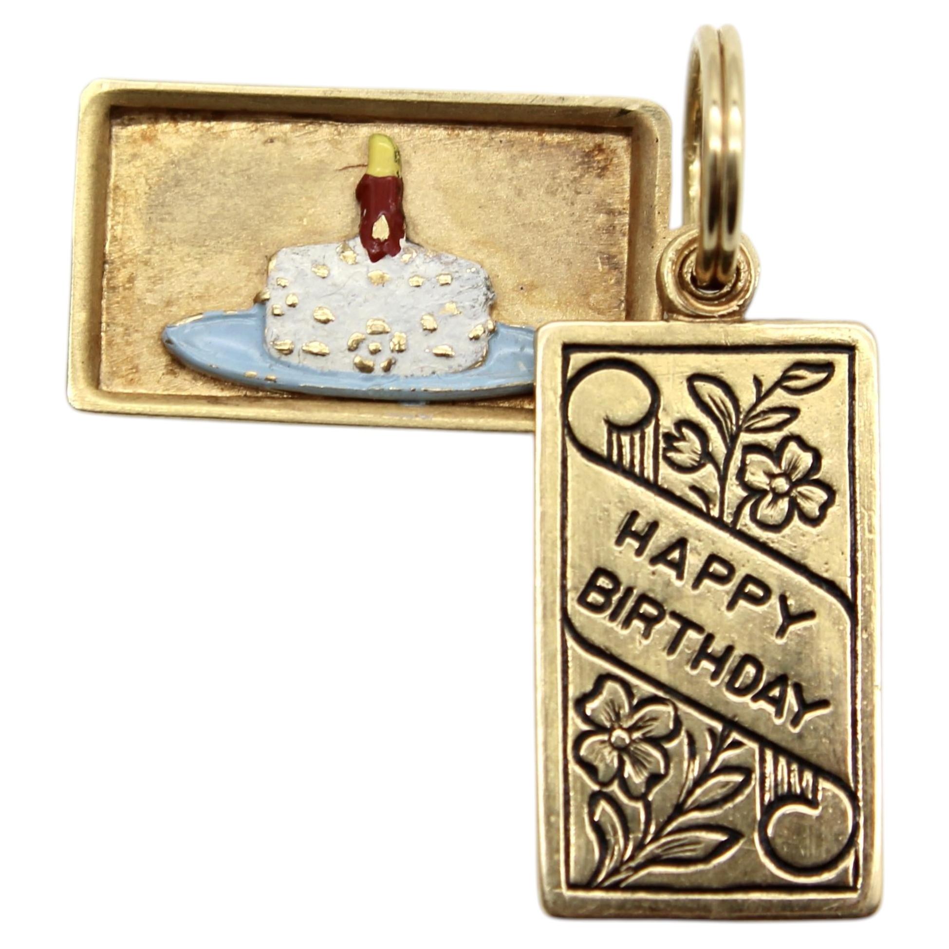 14k Gold Mechanical Enamel Happy Birthday Charm
