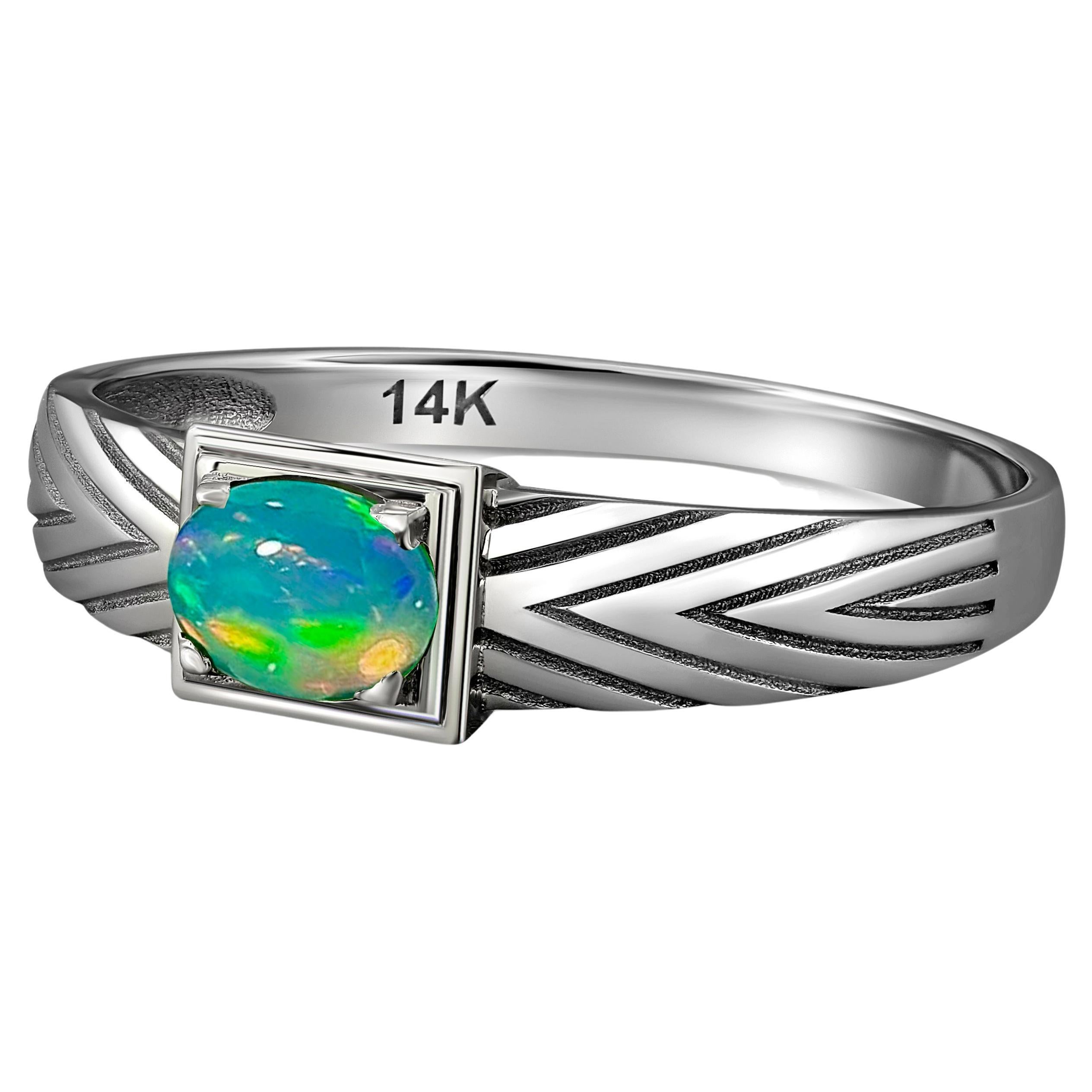 14k Gold Mens Ring with Opal, Gold Ring for Men with Opal