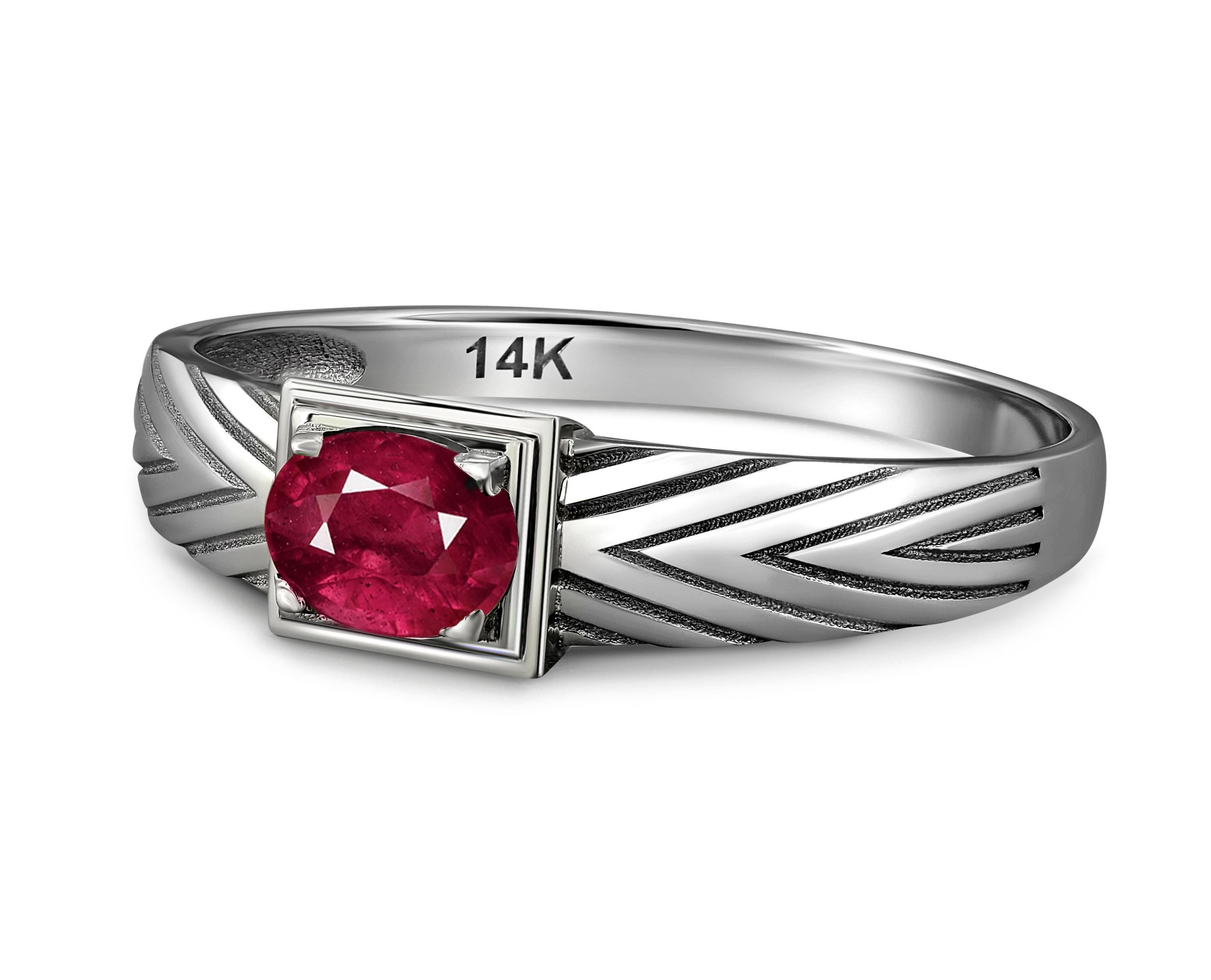 14k Gold Mens Ring with Ruby. 
Gold ring for men with ruby. Unisex ring with ruby. Natural ruby ring. Oval ruby ring.

Metal: 14k gold
Total weight: 1.8 g. depends from ring size.

Central stone: Natural ruby
Weight - approx 0.50 ct (5 x 4 mm), oval