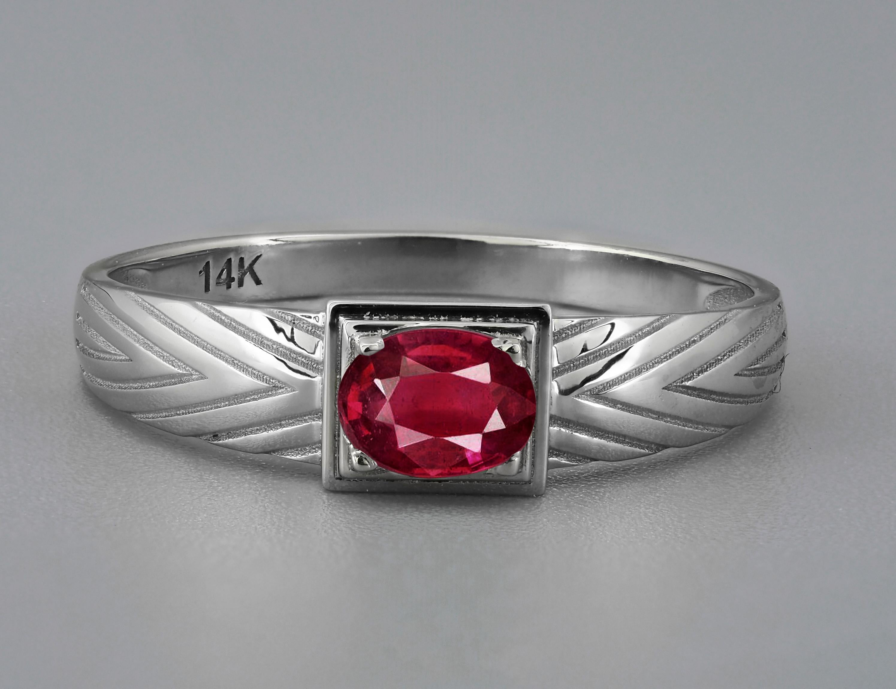 Modern 14k Gold Mens Ring with Ruby, Gold Ring for Men with Ruby