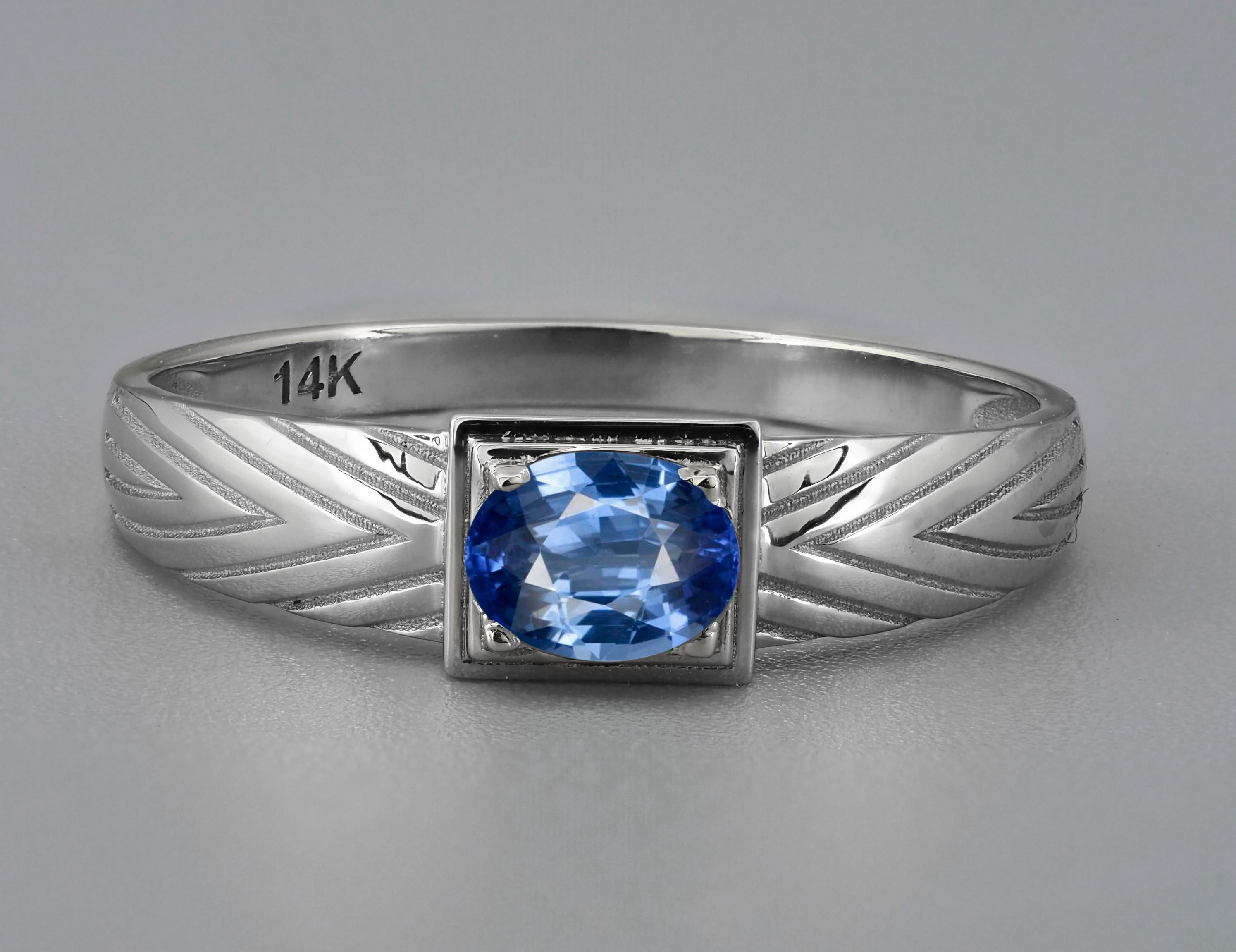 14k Gold Mens Ring with Sapphire. 
Gold ring for men with sapphire. Blue sapphire gold ring. Unisex ring with sapphire.

Metal: 14k solid gold
Total weight: 1.8 g. depends from ring size.

Central stone: Natural  sapphire
Weight - approx 0.8 ct,