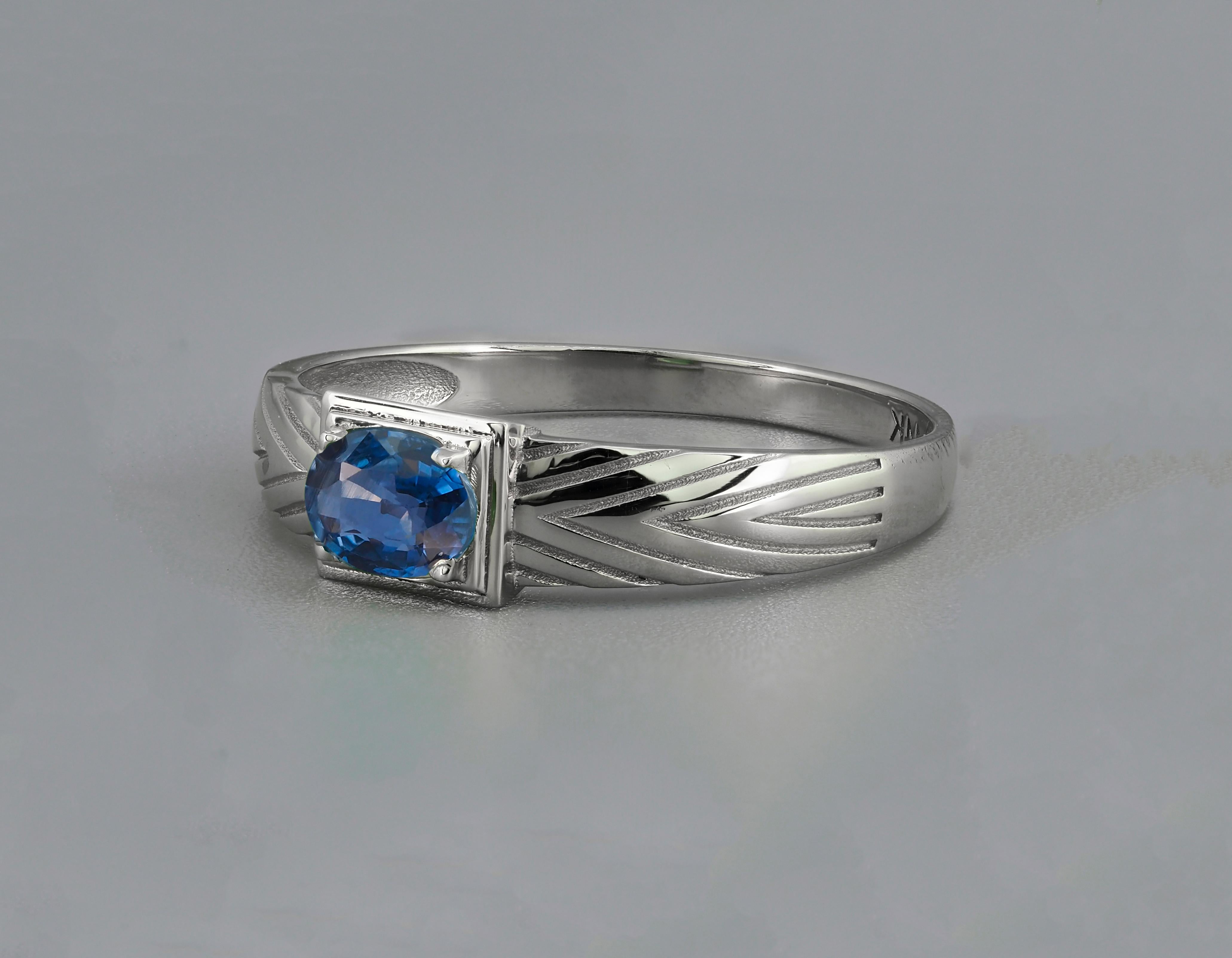 Modern 14k Gold Mens Ring with Sapphire.  For Sale