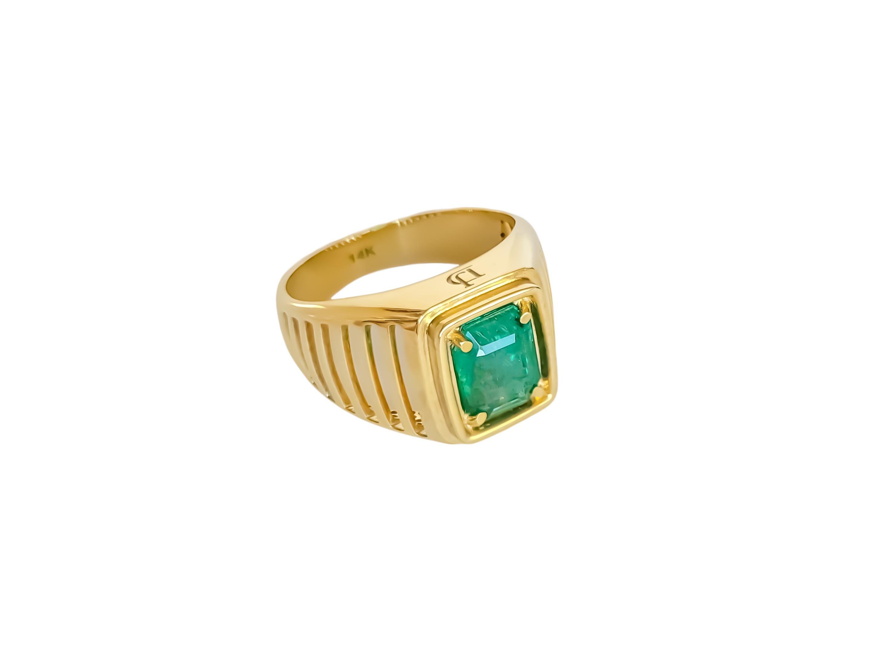 14k gold Mens, Unisex Ring with Genuine Emerald In New Condition For Sale In Istanbul, TR