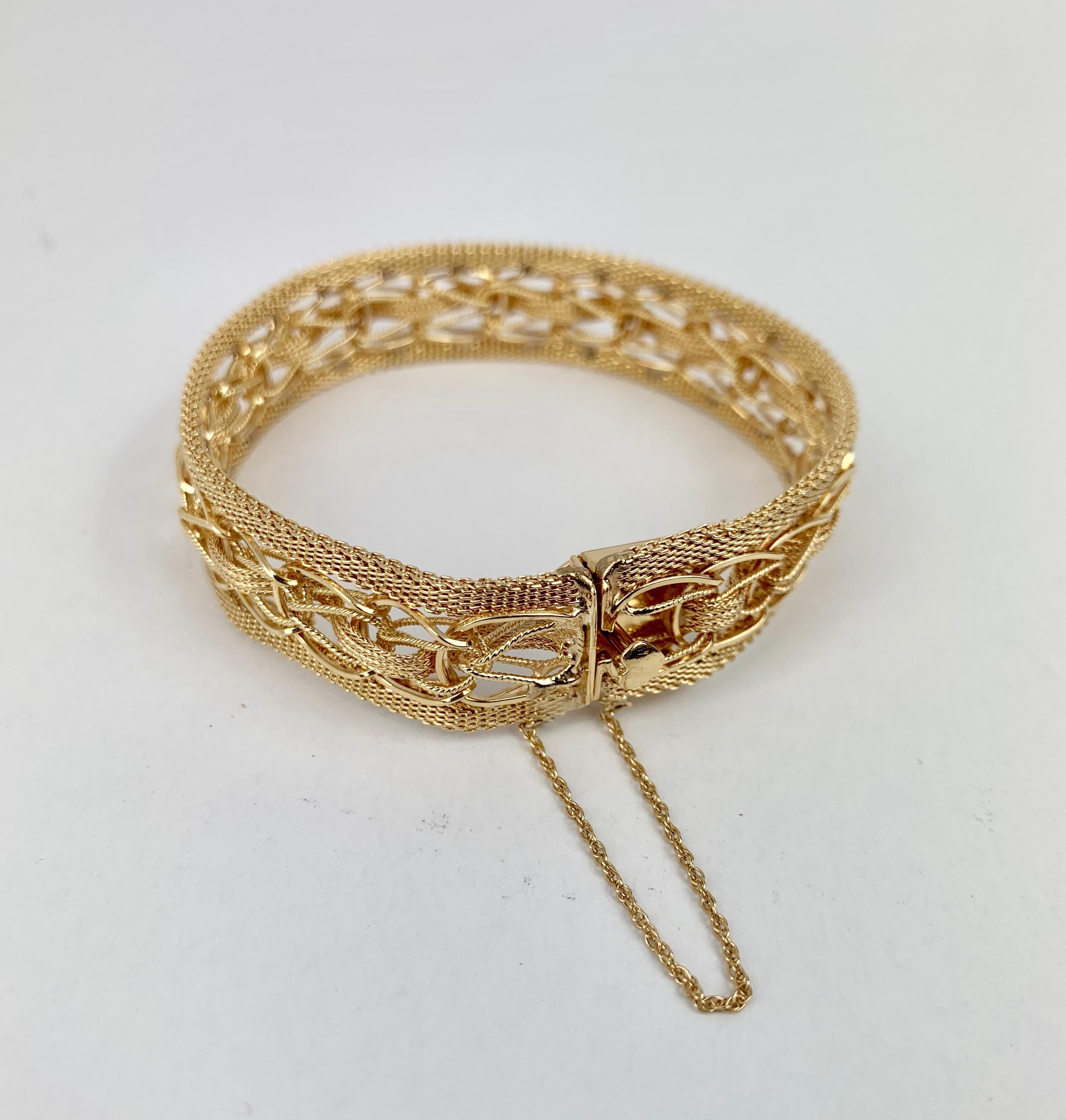 Women's Gold Mesh Bracelet with a Heart Shaped Thumb Latch-14 karat y.g.  For Sale