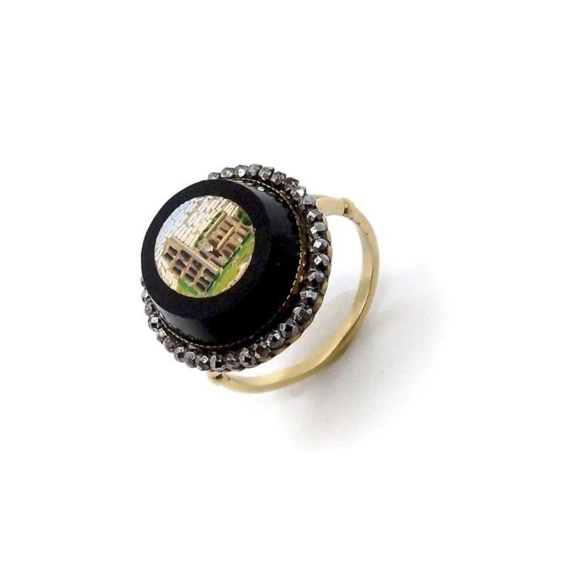 14K Gold Micro Mosaic Ring of Coliseum with Halo In Good Condition For Sale In Venice, CA