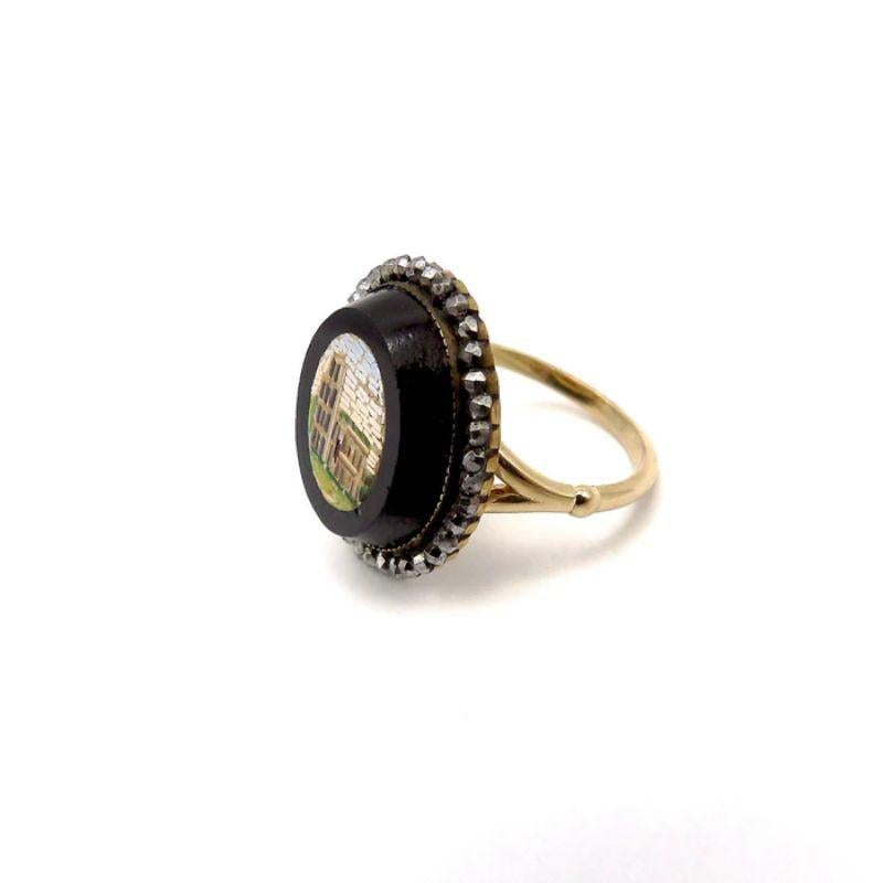 Women's or Men's 14K Gold Micro Mosaic Ring of Coliseum with Halo For Sale