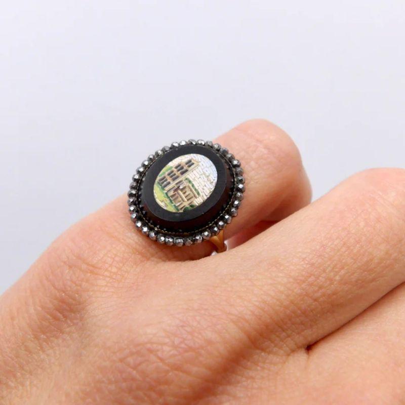 14K Gold Micro Mosaic Ring of Coliseum with Halo For Sale 3