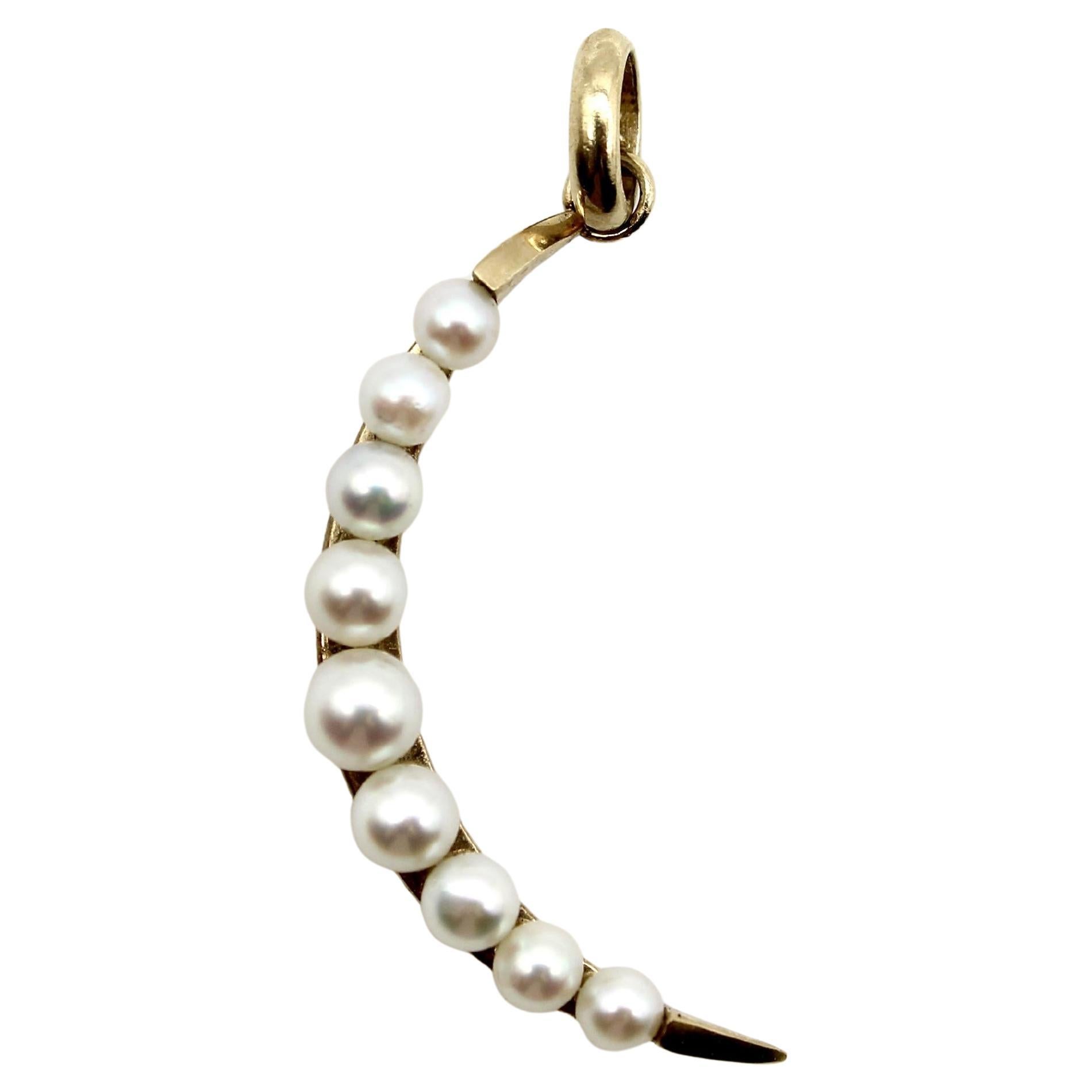 Colgante de oro de 14 quilates con luna creciente de perlas de la modernidad de mediados de siglo