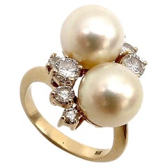 14K Gold Mid-Century Modern Pearl & Diamond Cocktail Ring