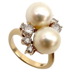 Vintage 14K Gold Mid-Century Modern Pearl & Diamond Cocktail Ring