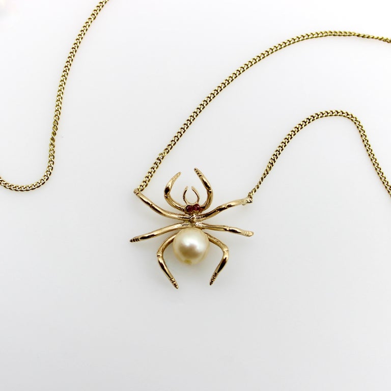 14k Gold Midcentury Spider Necklace with Pearls and Rubies For Sale at ...