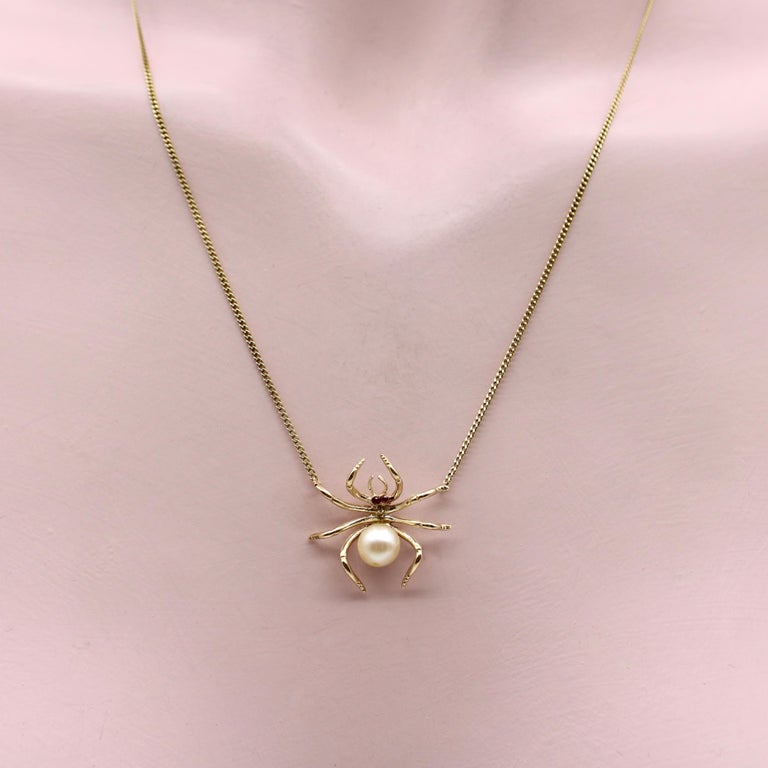 14k Gold Midcentury Spider Necklace with Pearls and Rubies For Sale at ...