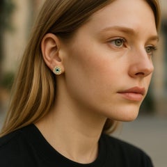 14K Gold Millgrain Circle Stud Earrings Bezel Set Emeralds and Pave Diamonds