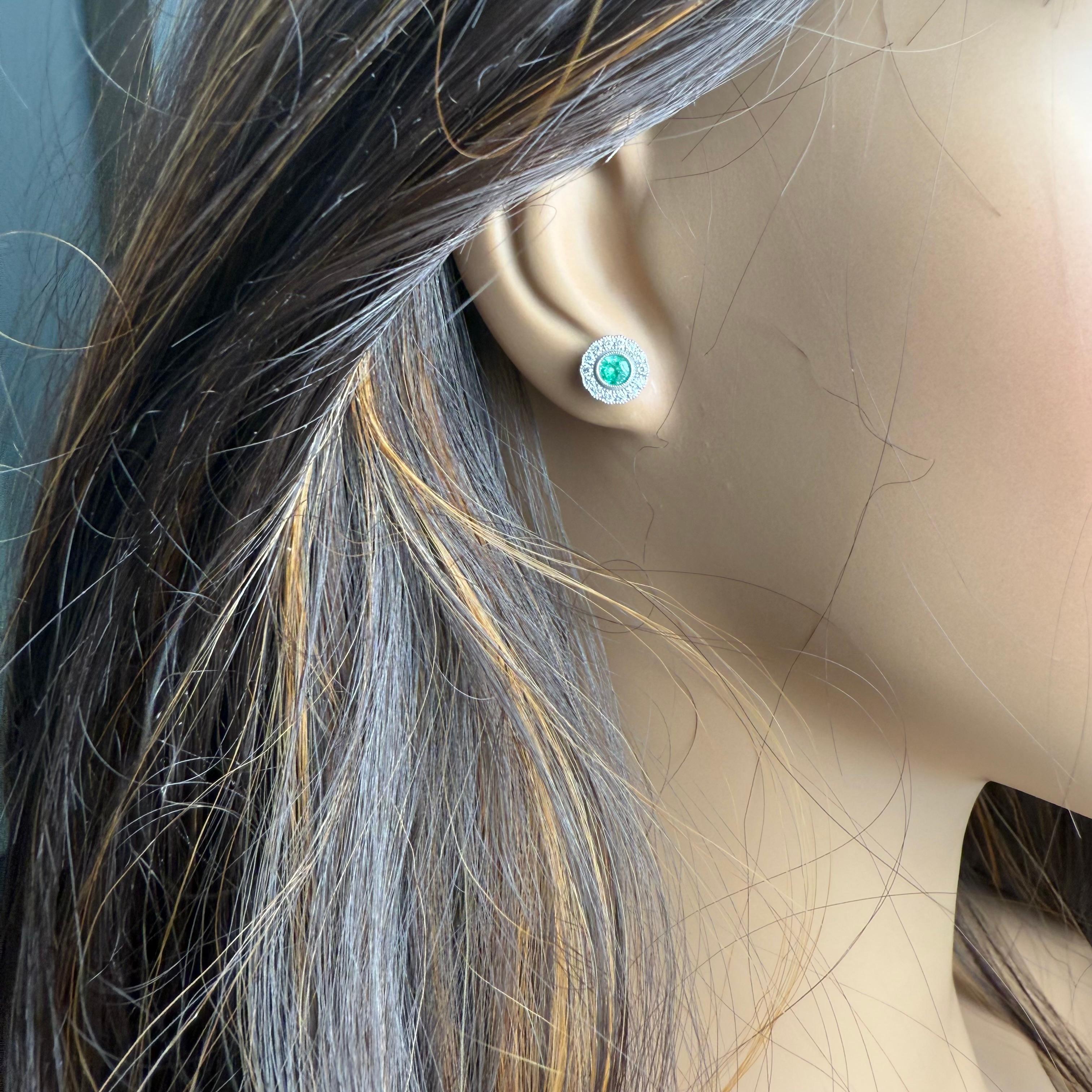 14K Gold Millgrain Circle Stud Earrings Bezel Set Emeralds and Pave Diamonds For Sale 1