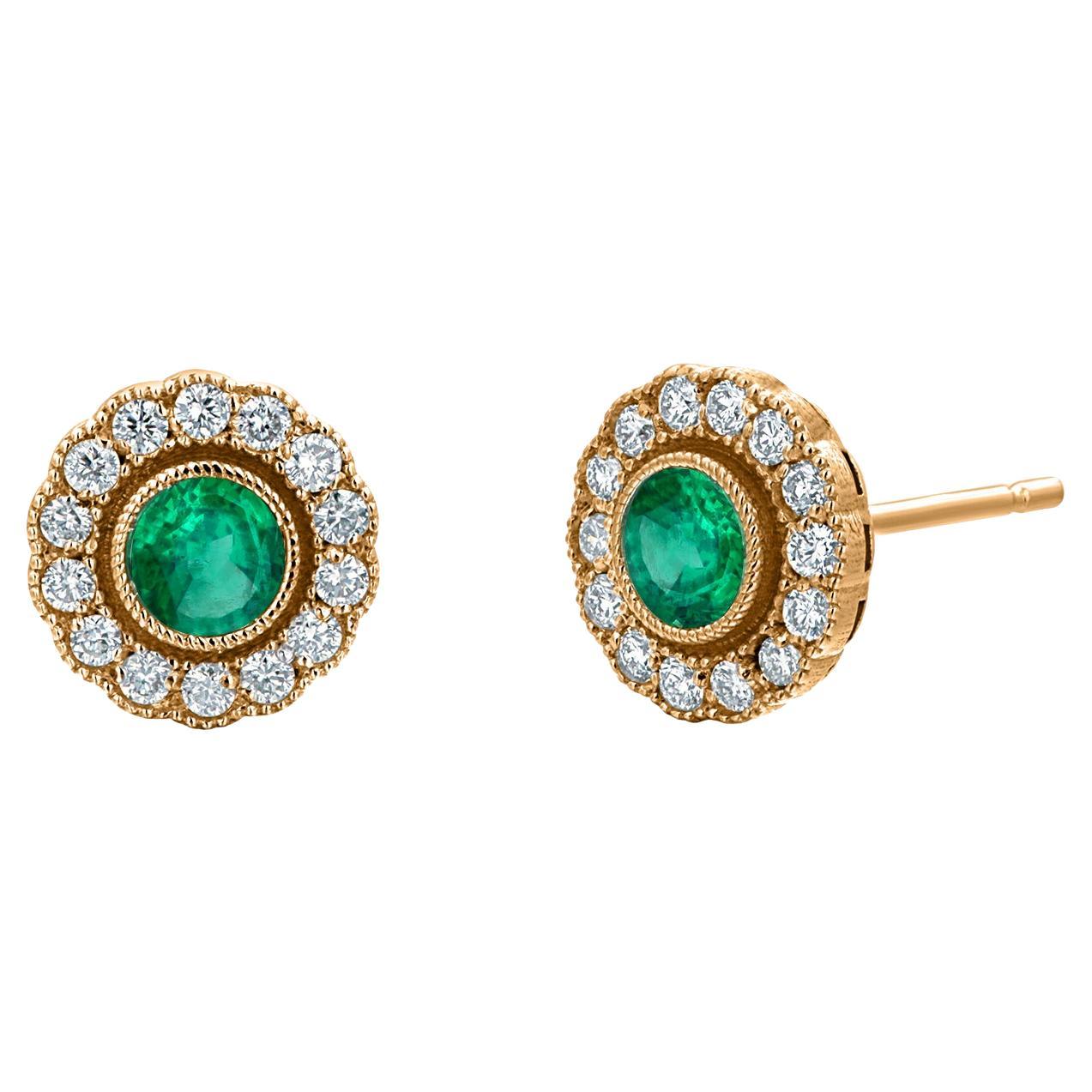 14K Gold Millgrain Circle Stud Earrings Bezel Set Emeralds and Pave Diamonds For Sale