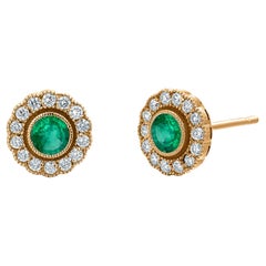 14K Gold Millgrain Circle Stud Earrings Bezel Set Emeralds and Pave Diamonds