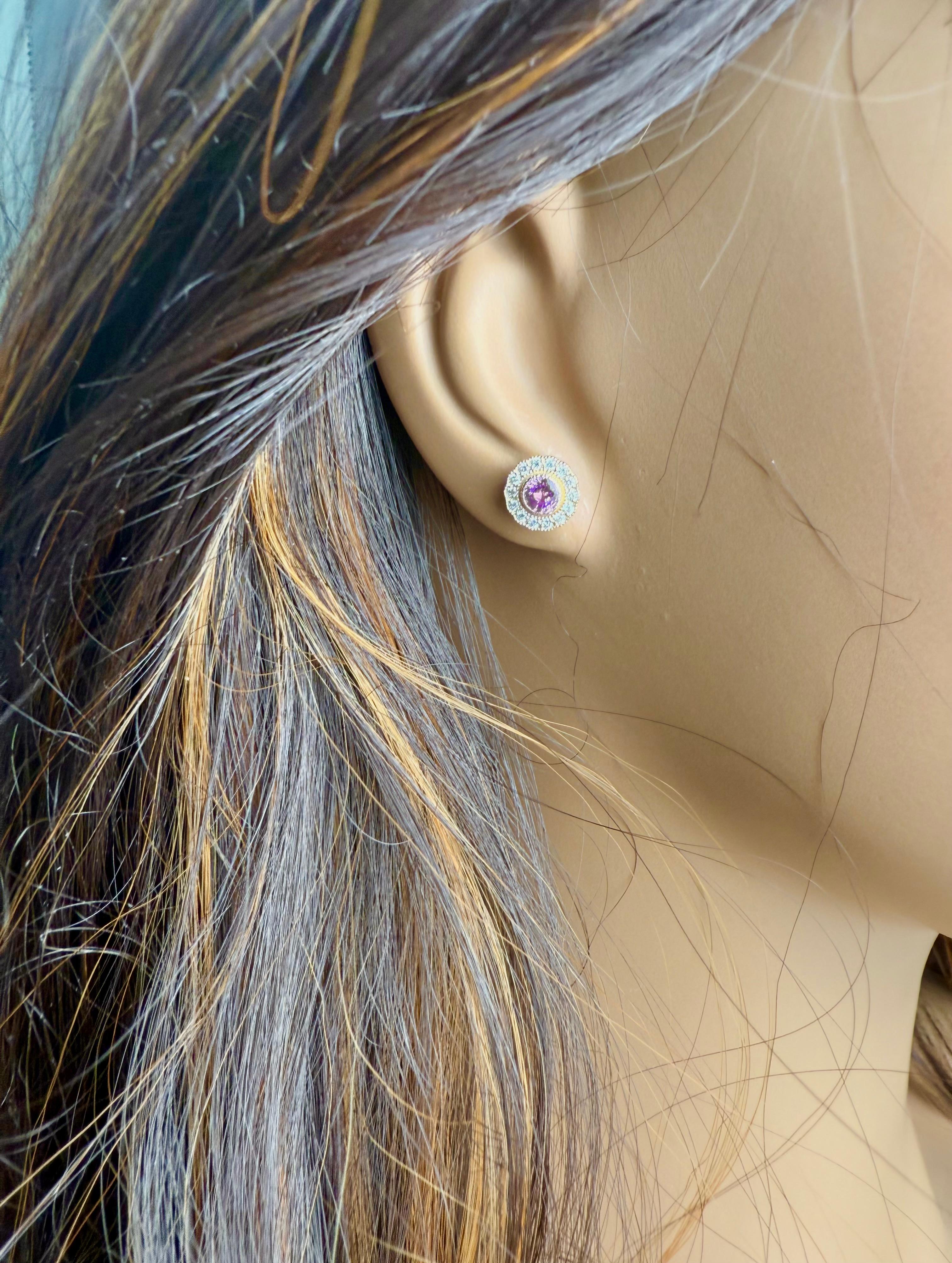 Round Cut 14K Gold Millgrain Circle Stud Earrings Bezel Set Pink Sapphires and Diamonds For Sale