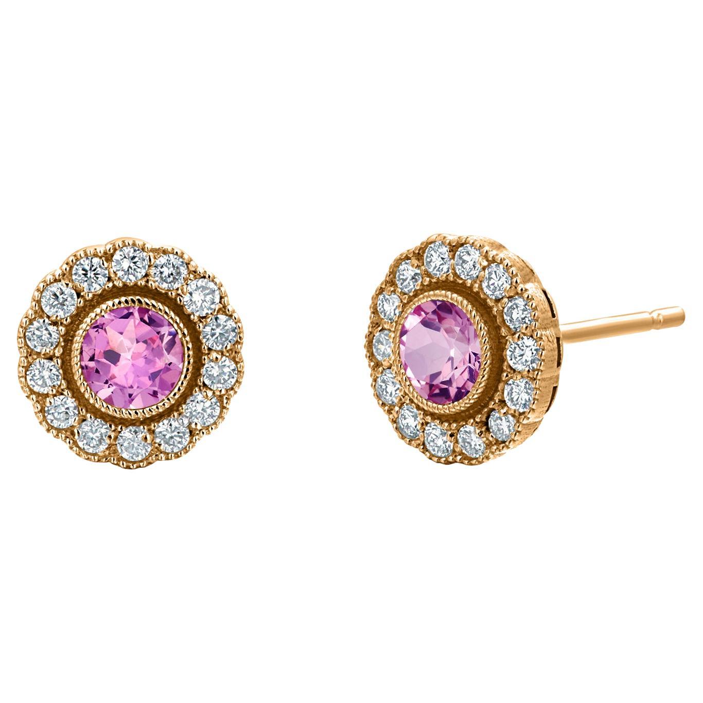 14K Gold Millgrain Circle Stud Earrings Bezel Set Pink Sapphires and Diamonds