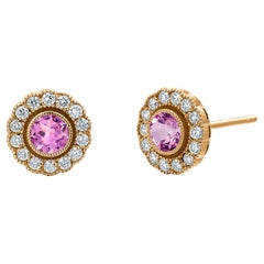 Orecchini a cerchio Millgrain in oro 14K con castone incastonato di zaffiri rosa e diamanti