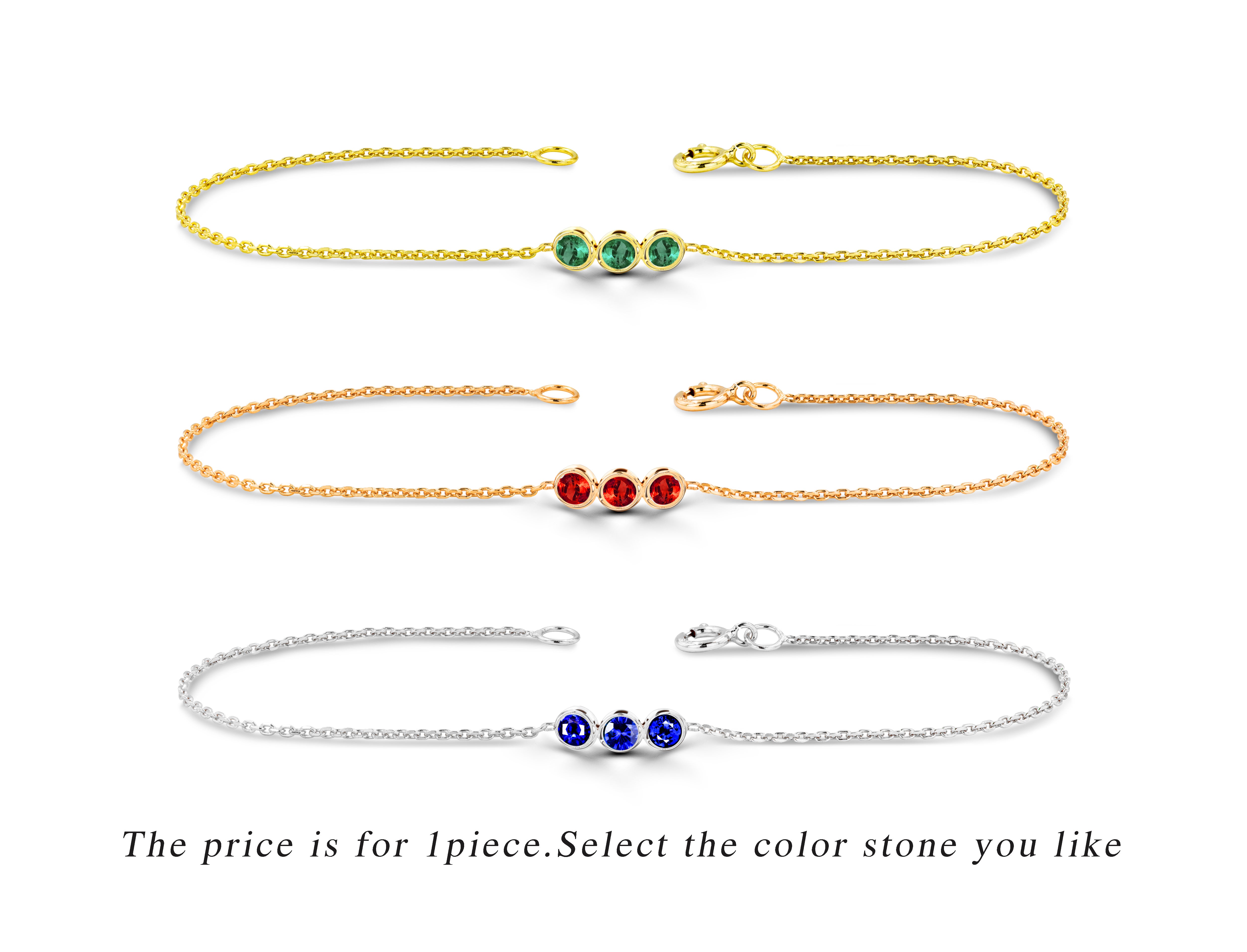Bracelet minimaliste en or 14 carats avec trois émeraudes, rubis et saphirs