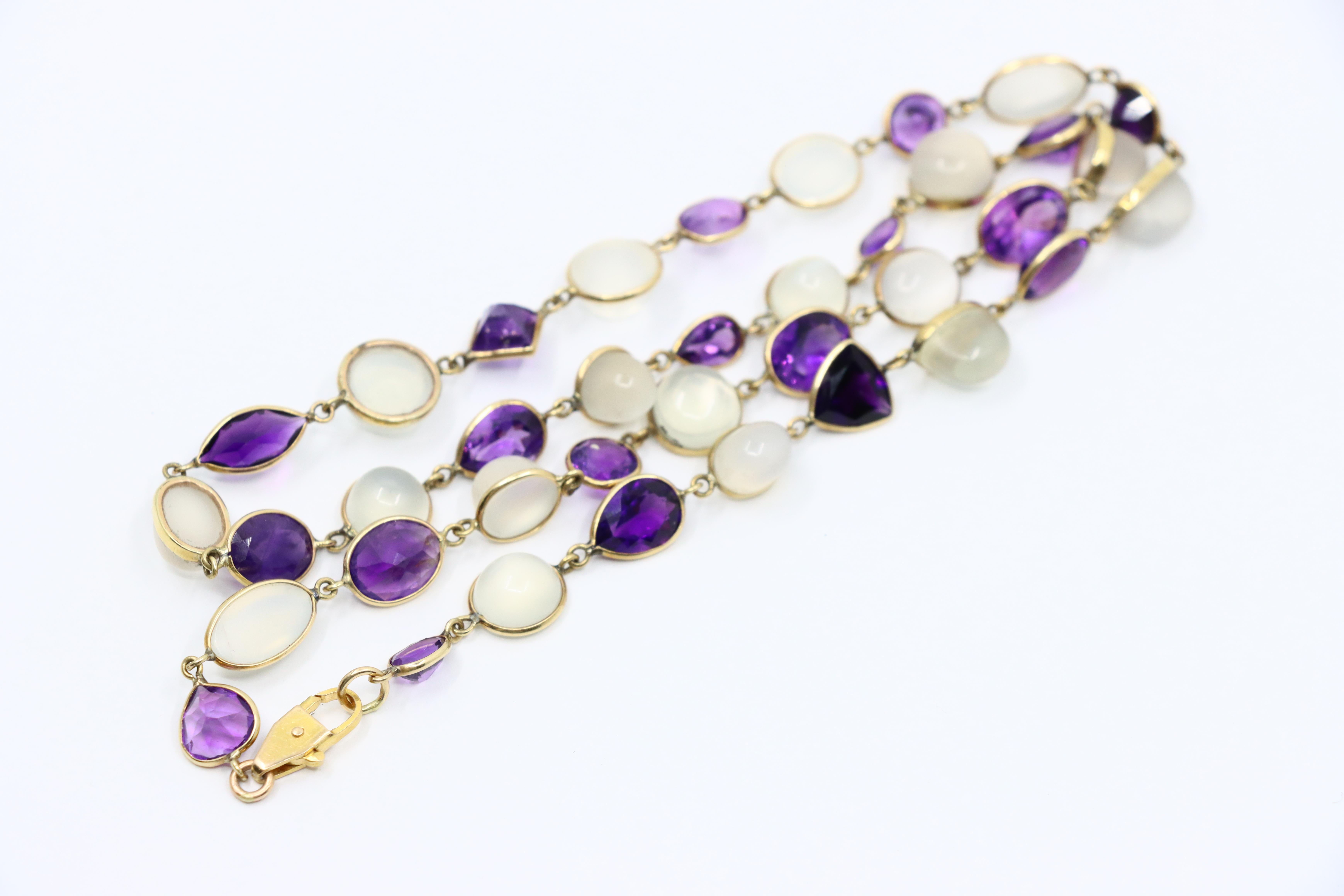 14K Gold Mix-Cut Amethyst Moonstone Necklace For Sale 5