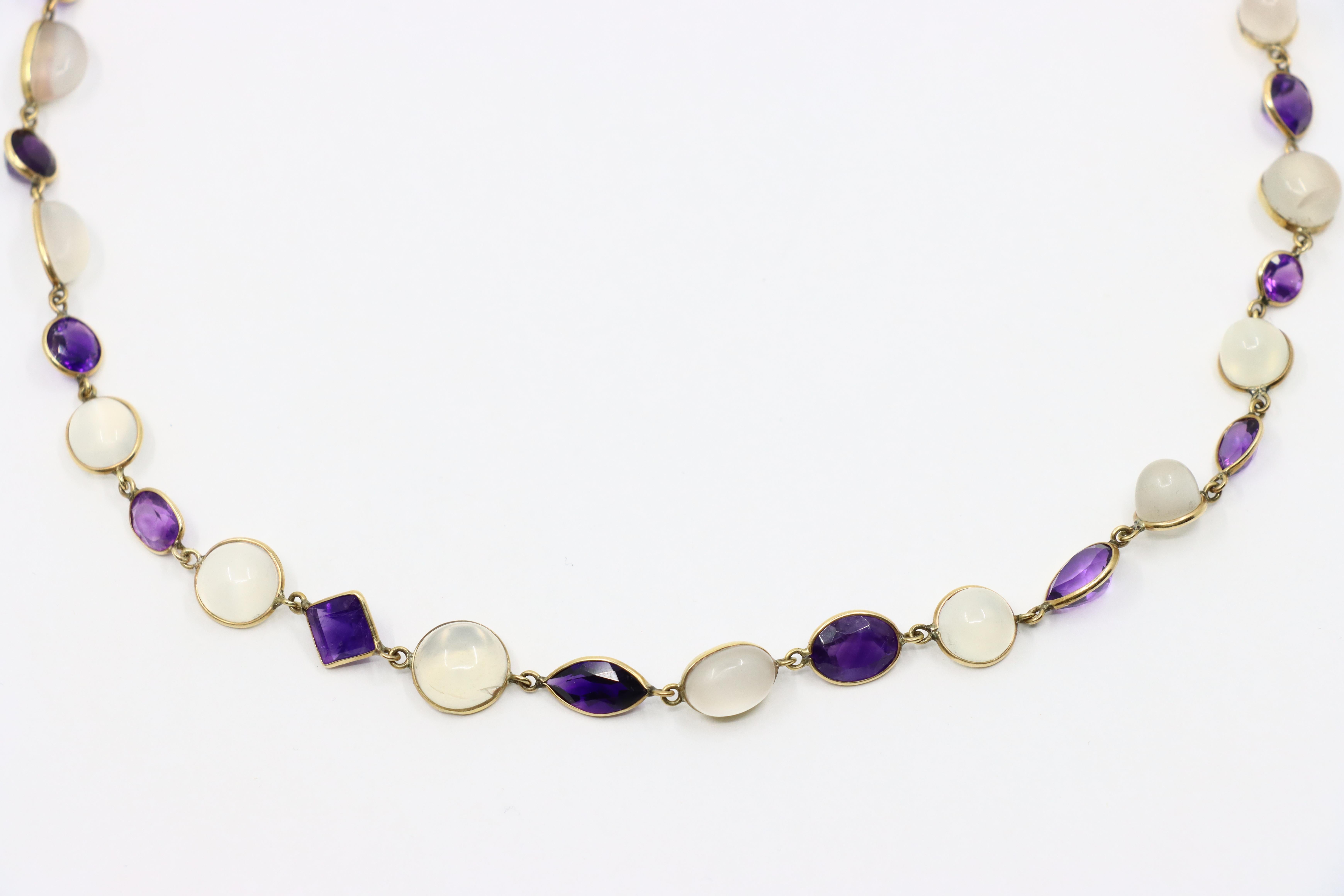 14K Gold Mix-Cut Amethyst Moonstone Necklace In Good Condition For Sale In Flushing, NY