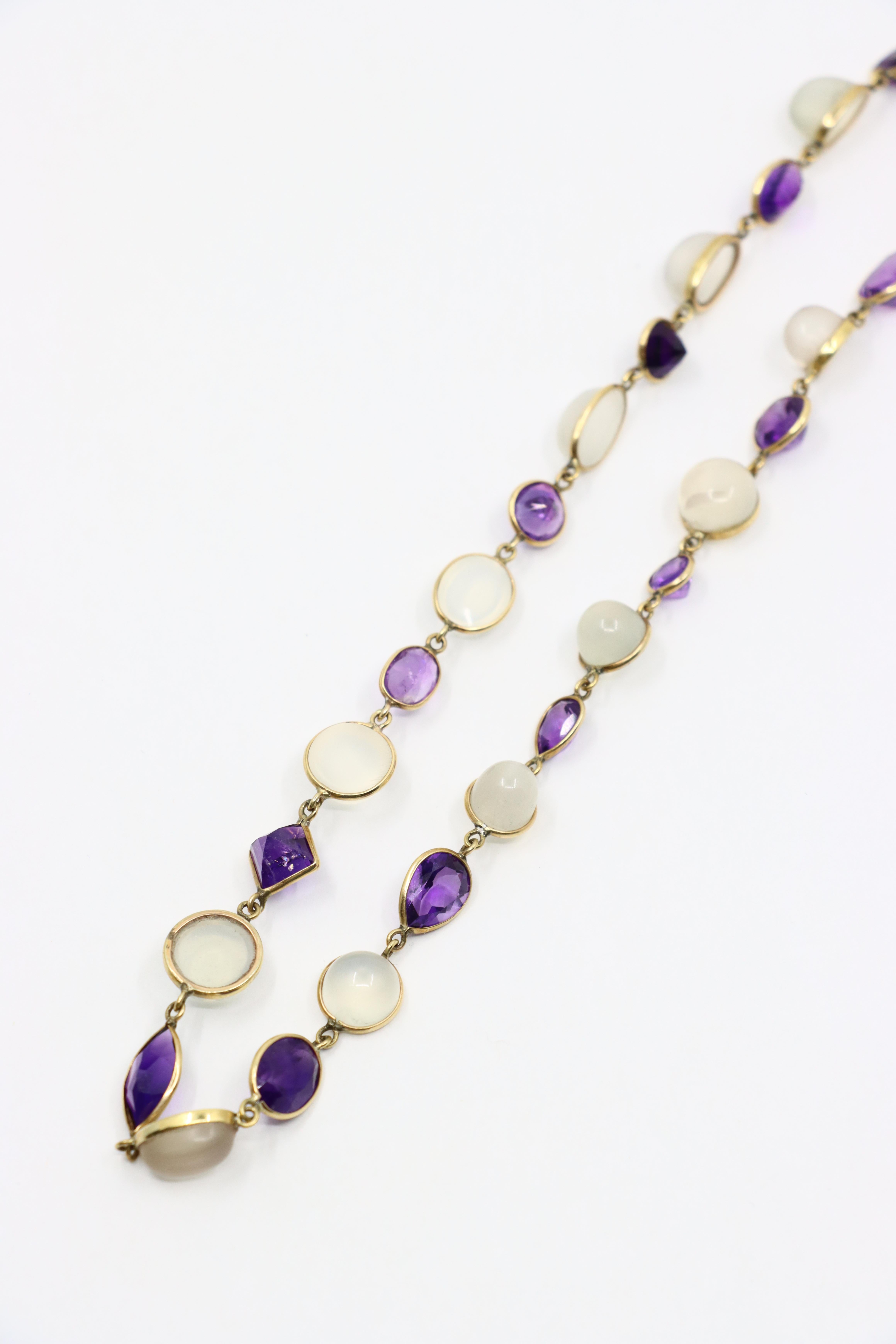 Women's or Men's 14K Gold Mix-Cut Amethyst Moonstone Necklace For Sale