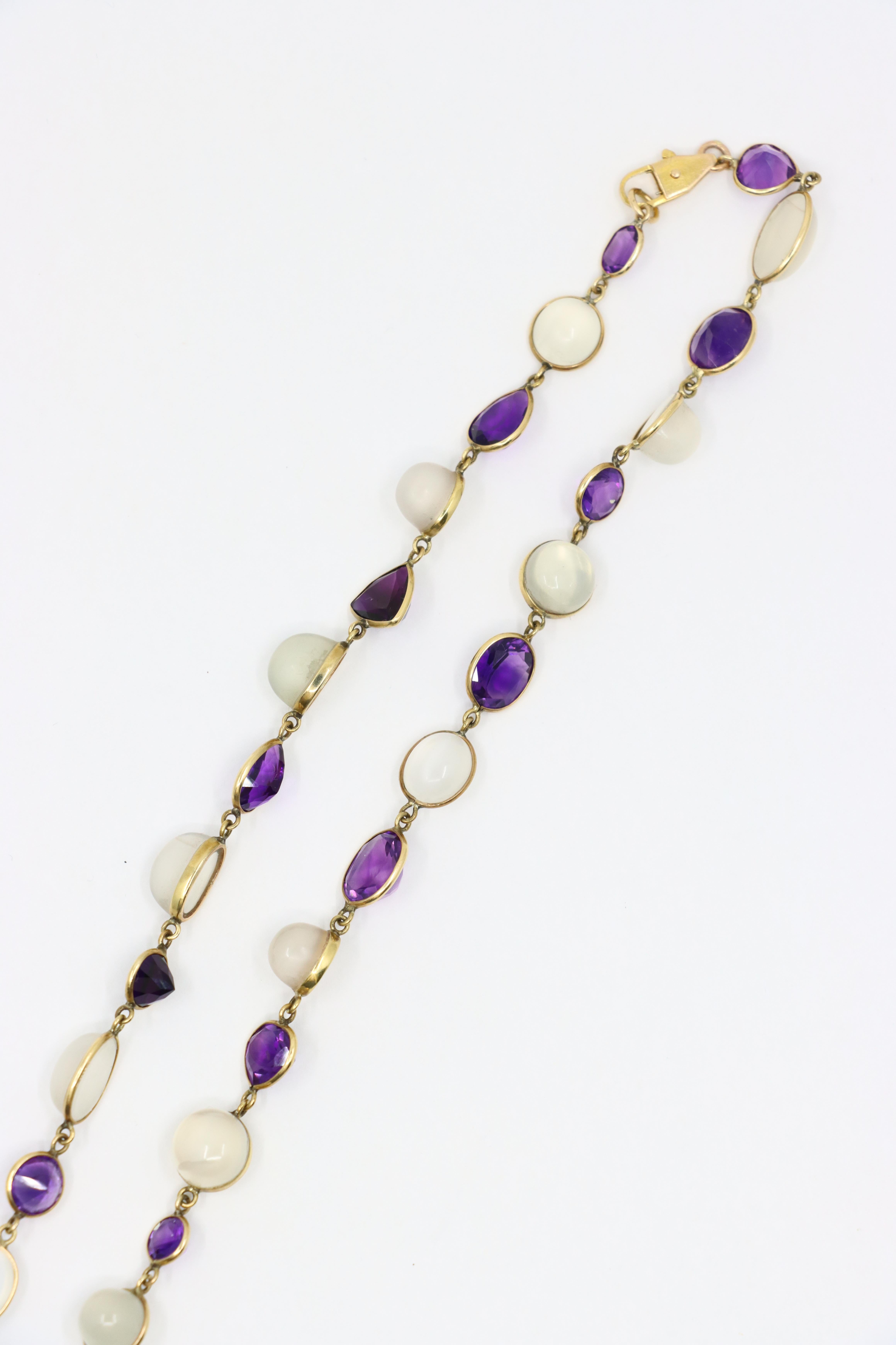 14K Gold Mix-Cut Amethyst Moonstone Necklace For Sale 1