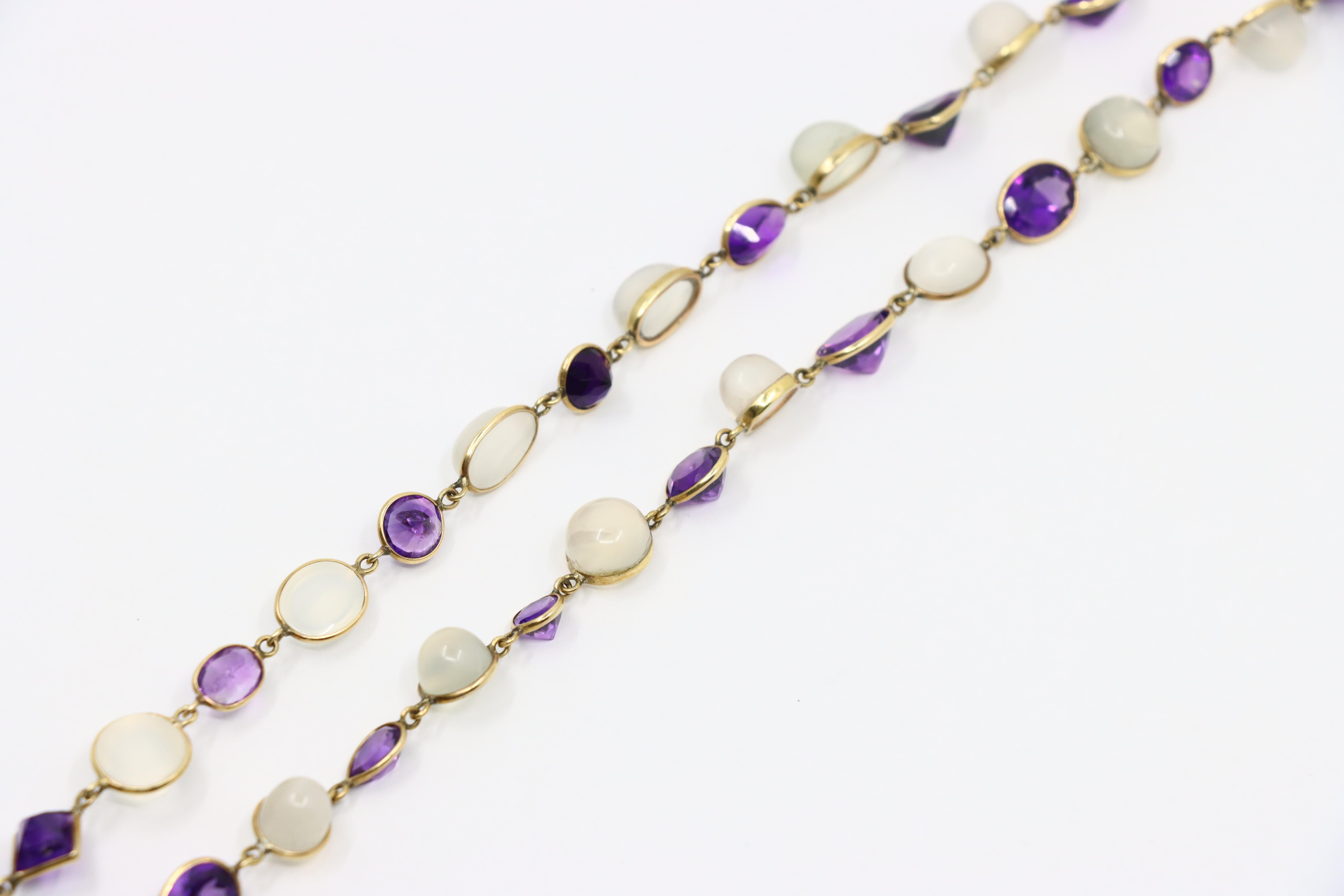 14K Gold Mix-Cut Amethyst Moonstone Necklace For Sale 2