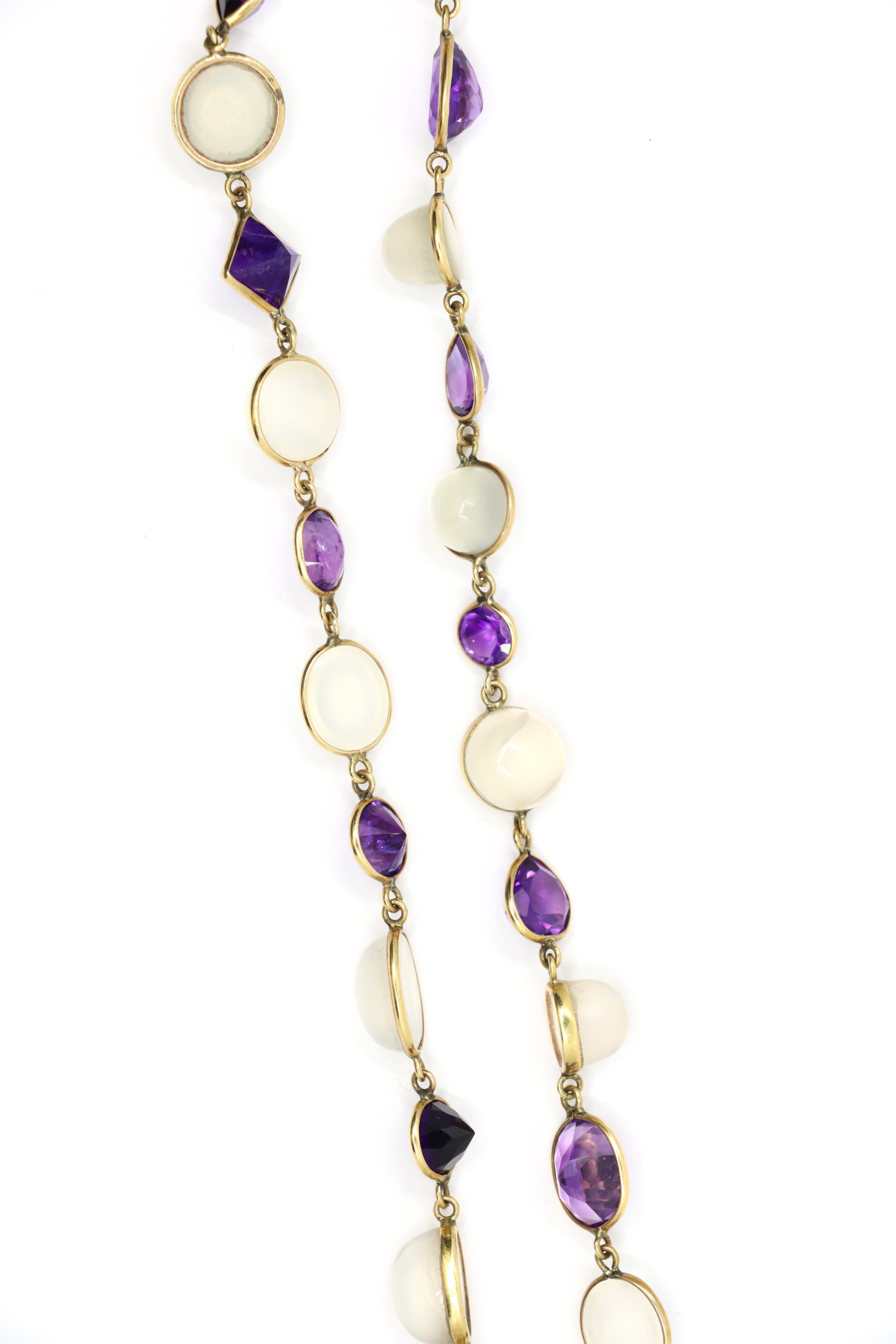 14K Gold Mix-Cut Amethyst Moonstone Necklace For Sale 3
