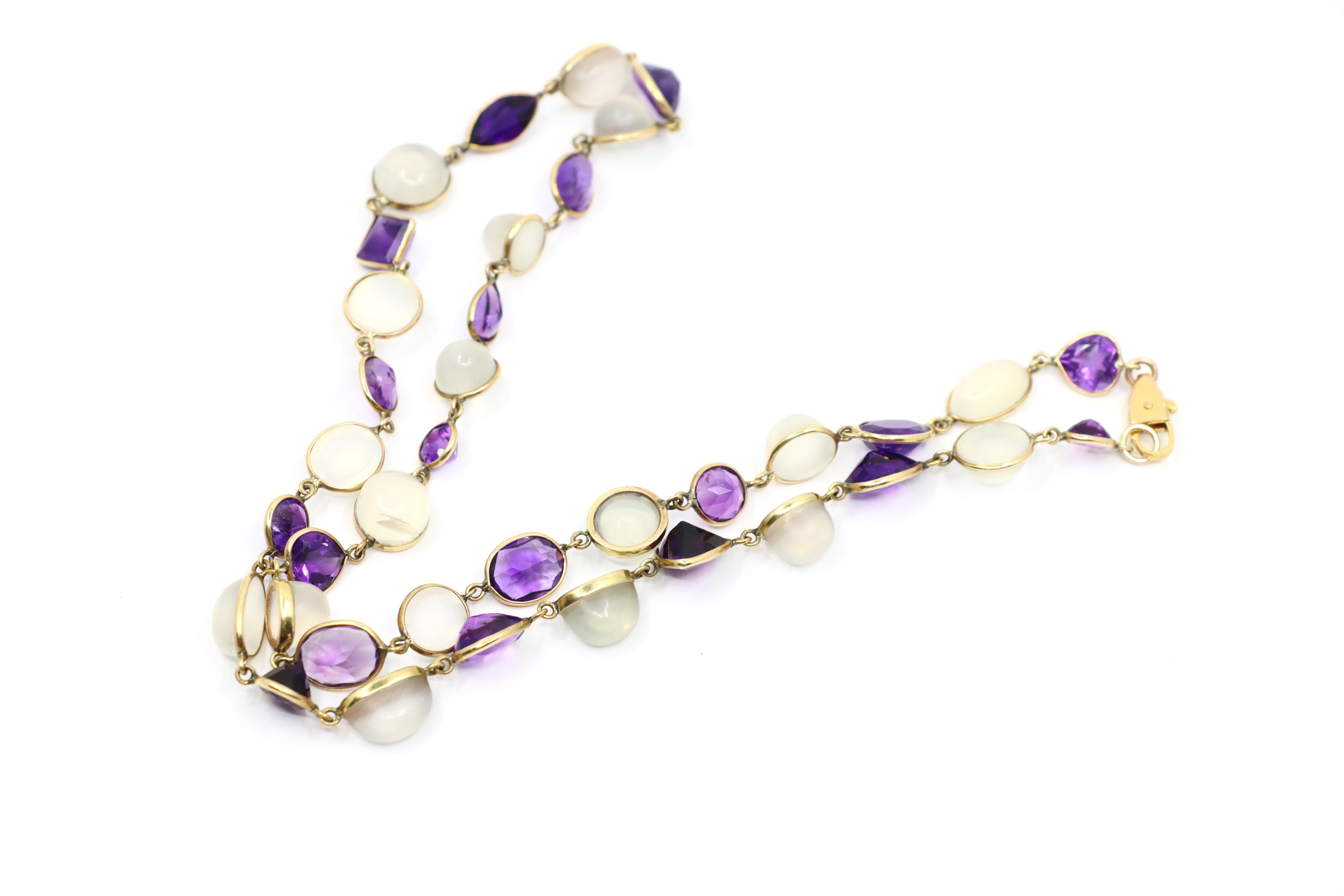 14K Gold Mix-Cut Amethyst Moonstone Necklace For Sale 4