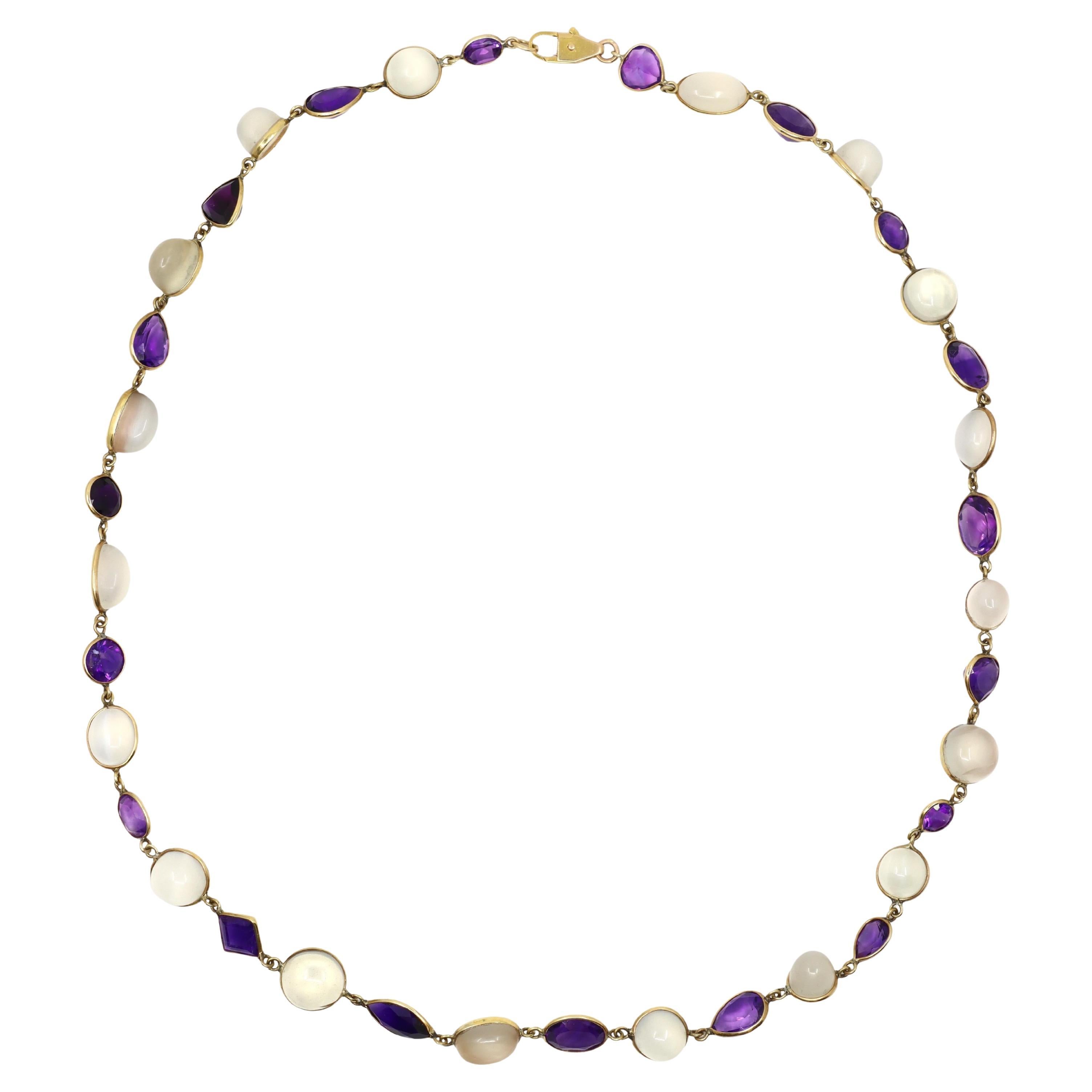 14K Gold Mix-Cut Amethyst Moonstone Necklace For Sale