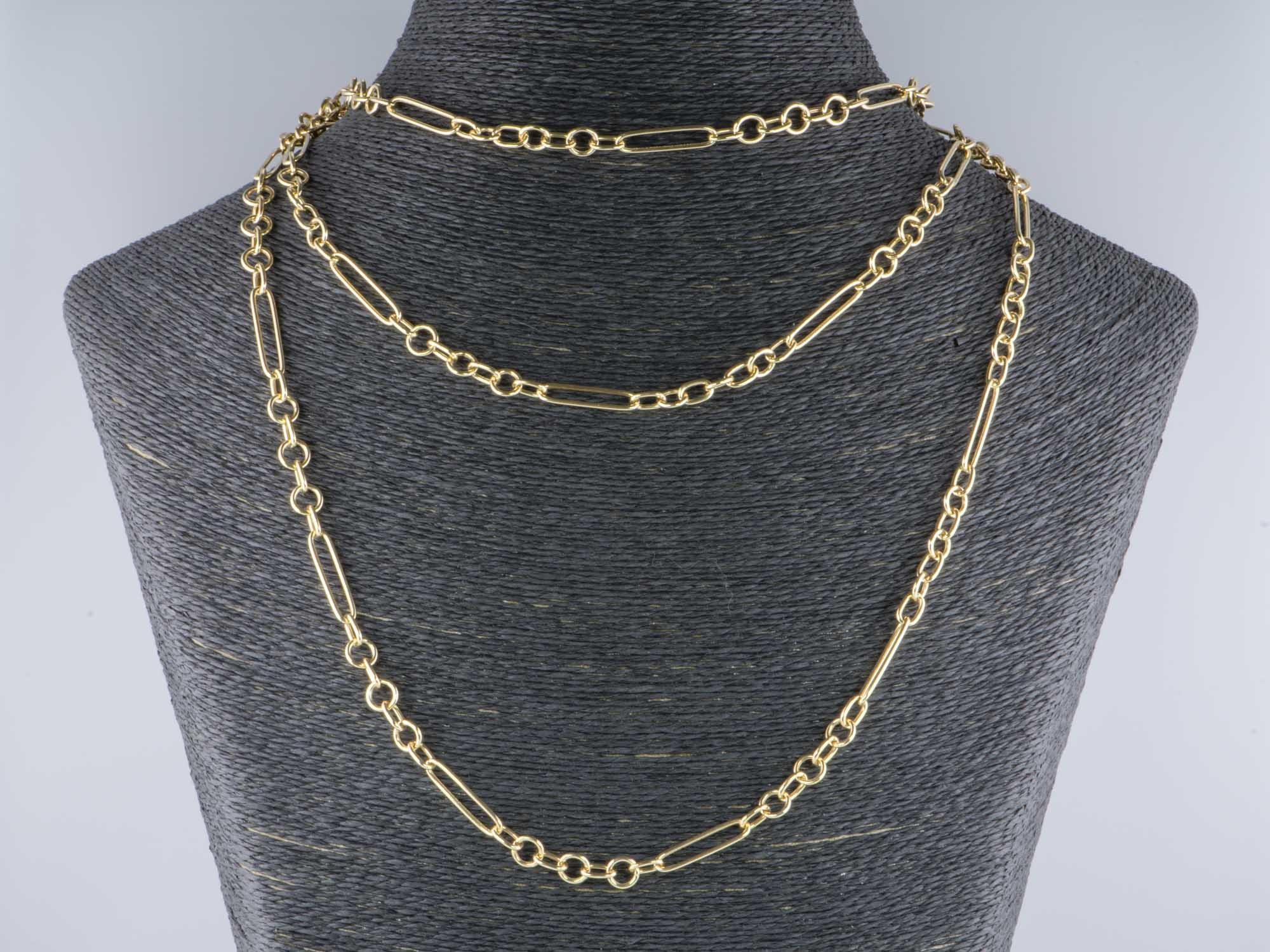   Luxuriate in designer style with this gorgeous gold necklace! The versatile mixed link design and varying length will work well with a casual outfit, or dress up a more formal outfit. It also allows you to add on any number of links and pendants,