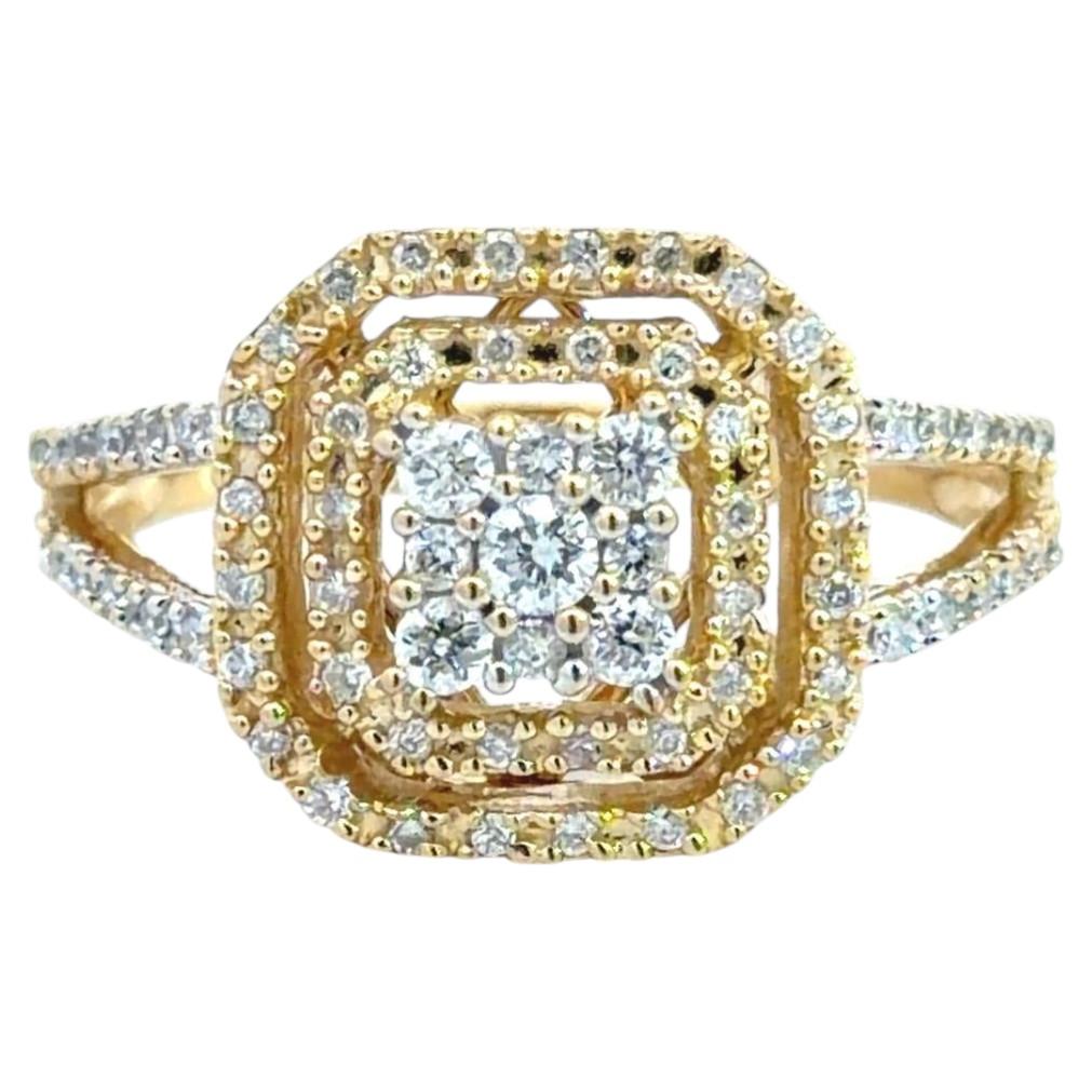 14k Gold Modern Diamond Ring 0.6ct Double Halo Design For Sale