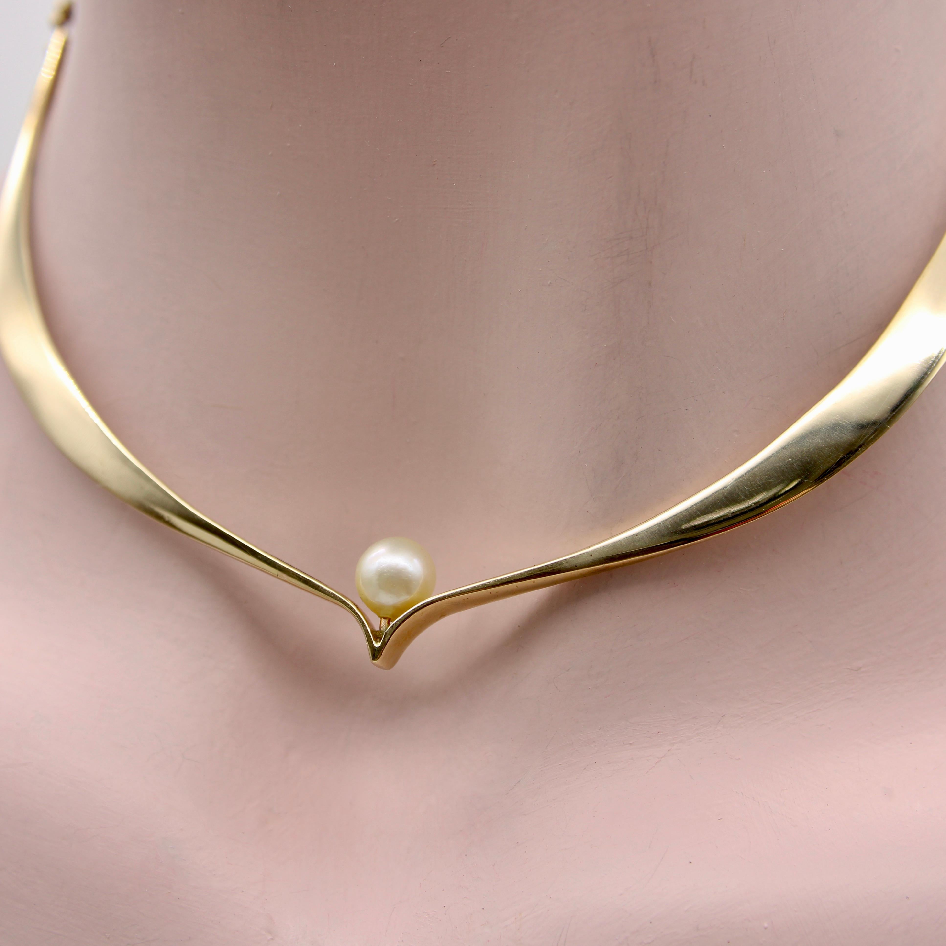 14K Gold Modernist Ed Wiener Sculptural Collar Necklace with Pearl For Sale 3
