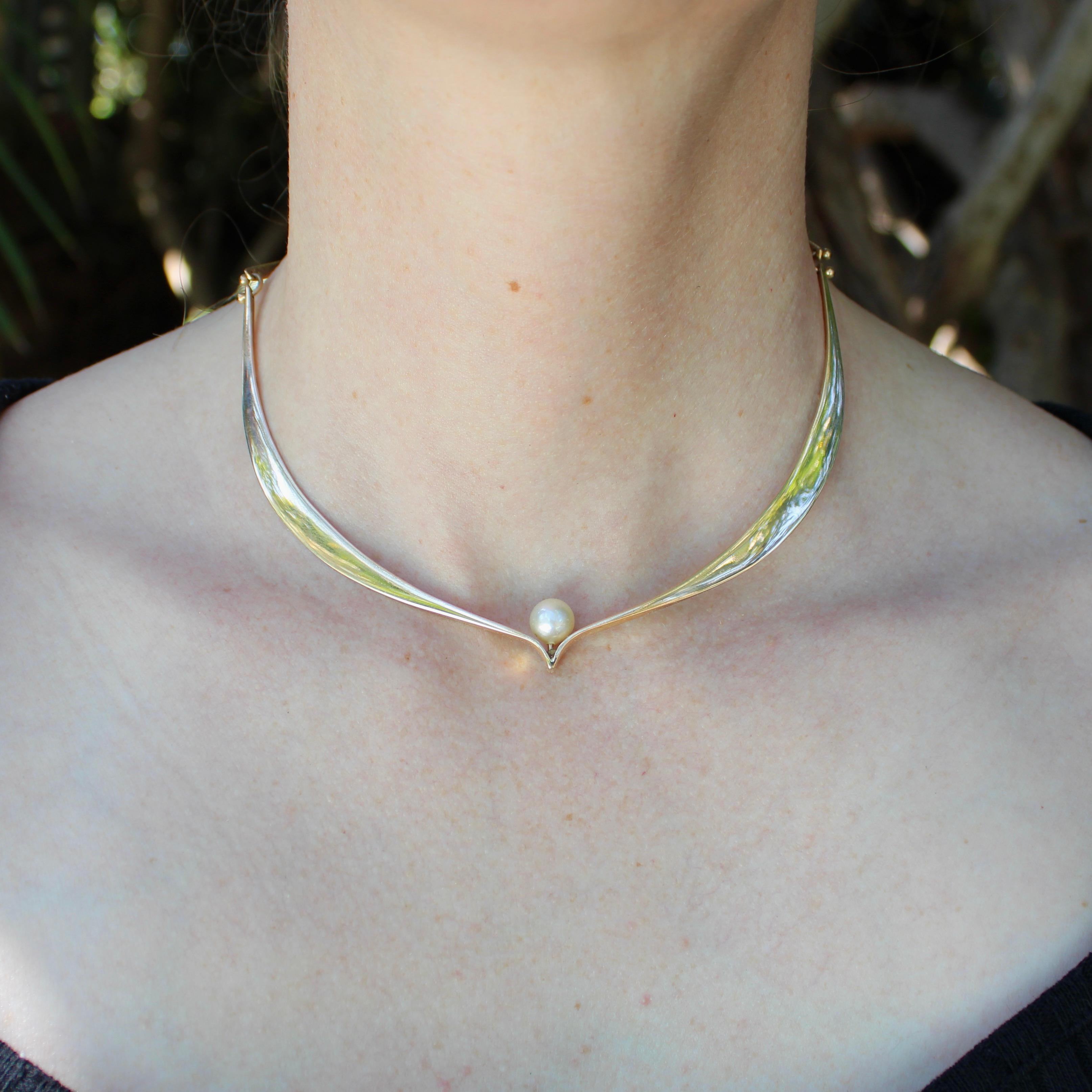 14K Gold Modernist Ed Wiener Sculptural Collar Necklace with Pearl For Sale 2