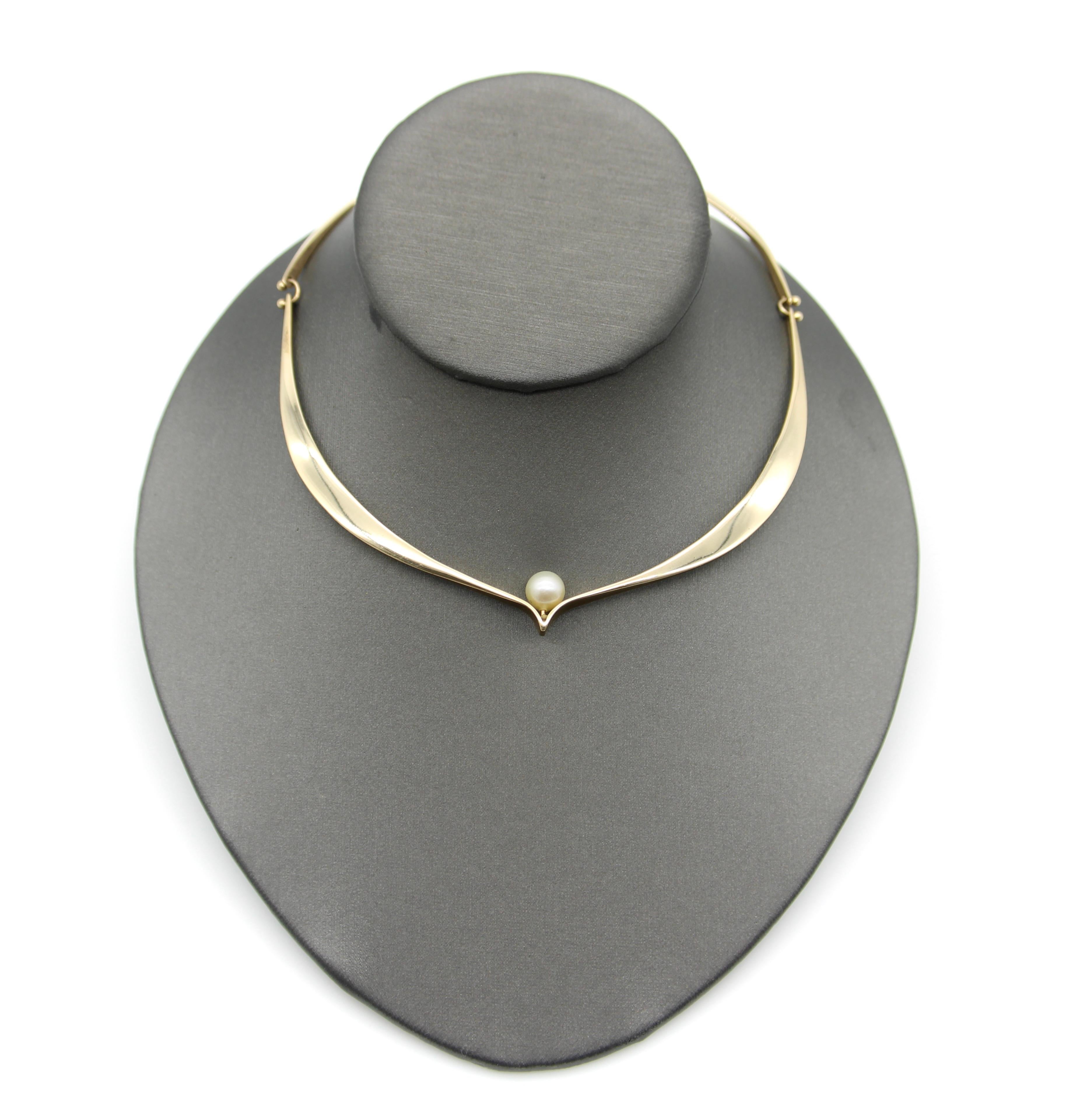 14K Gold Modernist Ed Wiener Sculptural Collar Necklace with Pearl For Sale 5