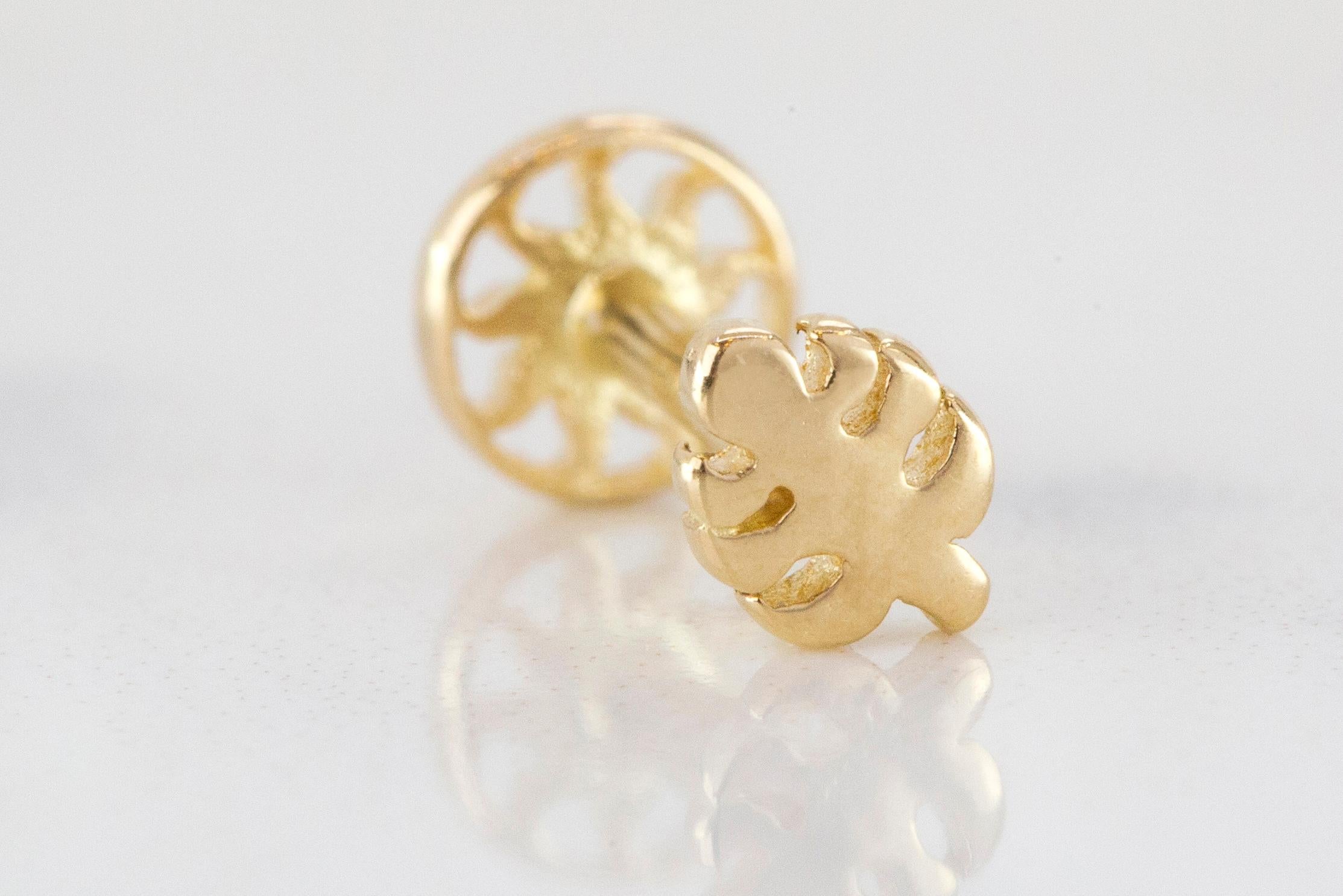 Modern 14K Gold Monstera Leaf Piercing, Gold Monstera Earring For Sale