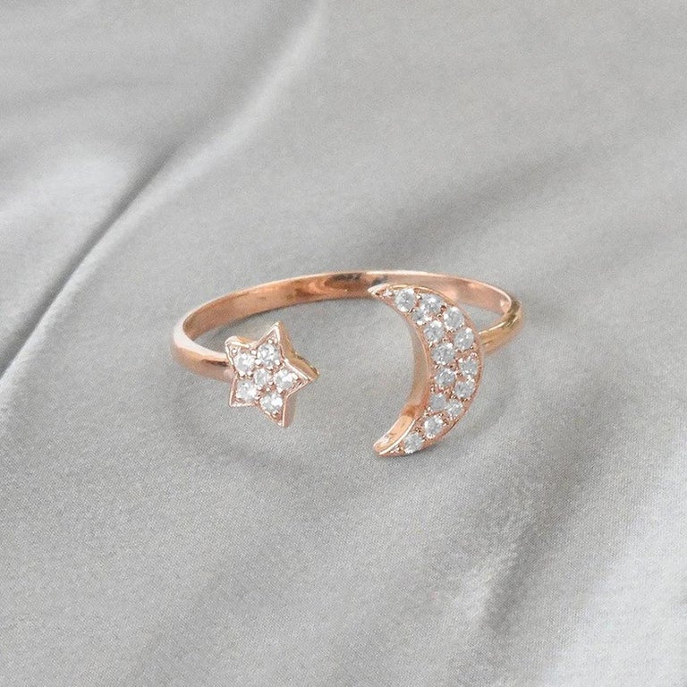 For Sale:  14k Gold Moon and Star Diamond Ring Stacking Minimalist Everyday Ring 5