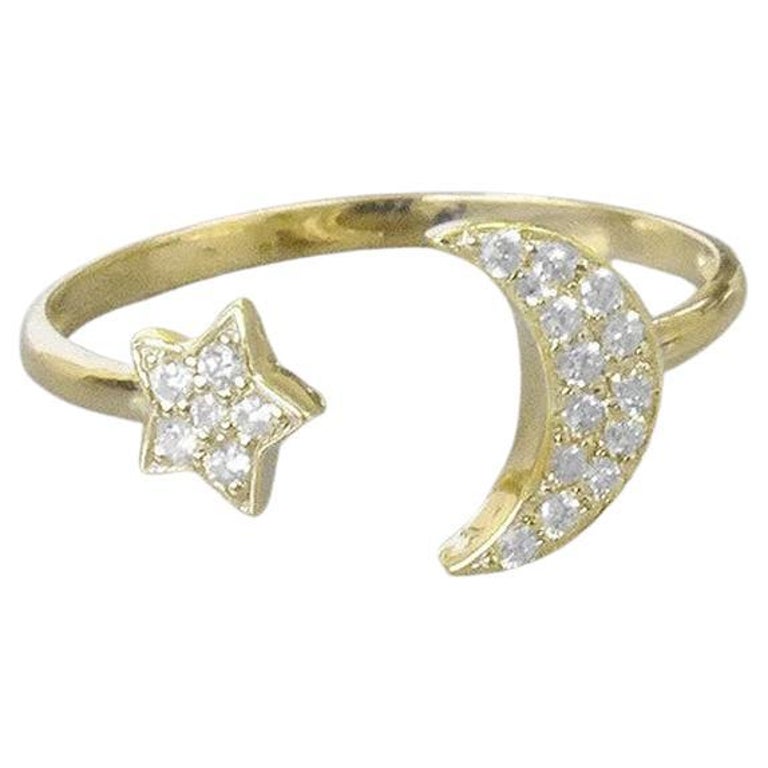 For Sale:  14k Gold Moon and Star Diamond Ring Stacking Minimalist Everyday Ring