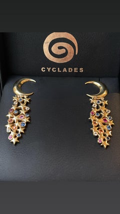 14K Gold Moon Crescent Sapphire Star Earrings